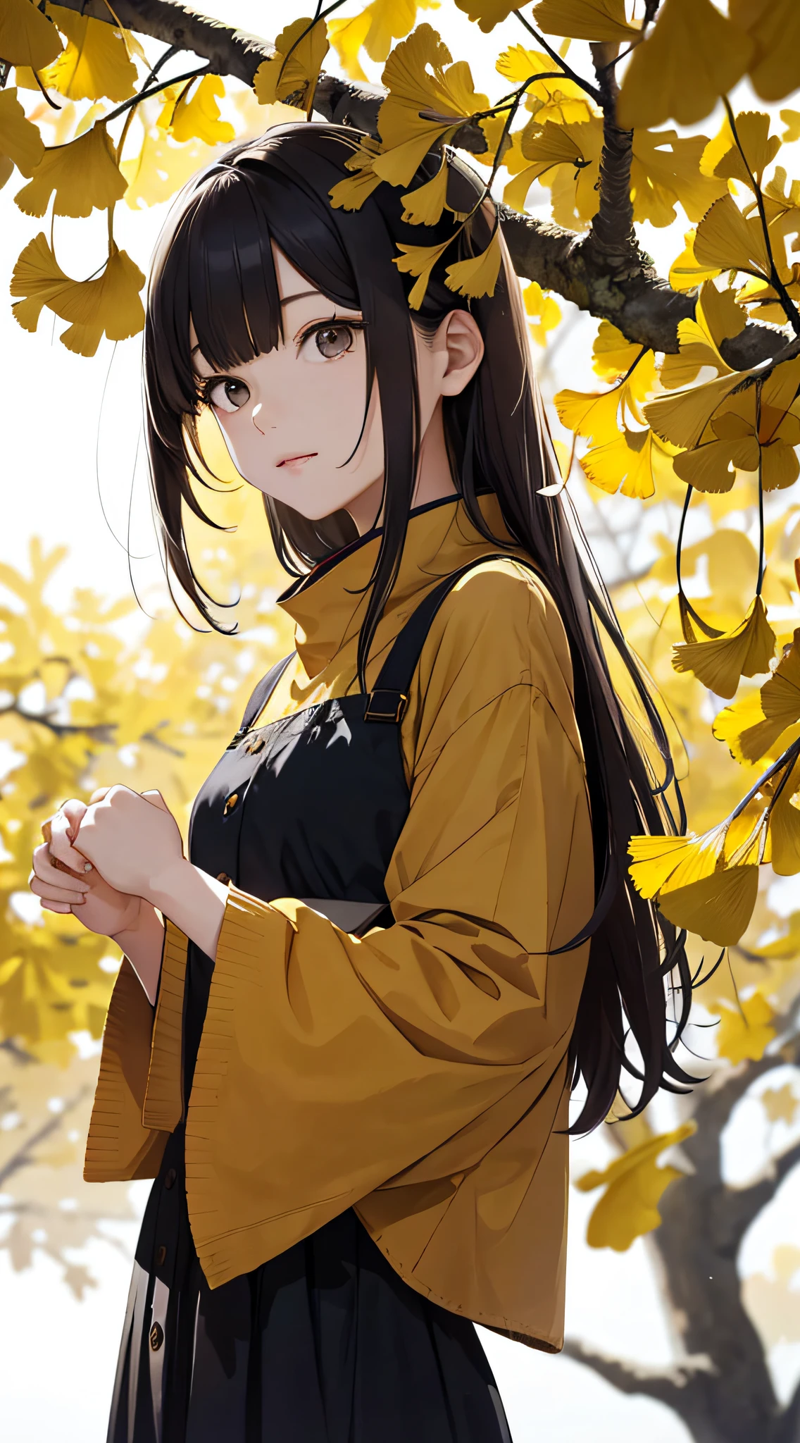 autumnal,beautiful Girl(1girll:1.3),A high resolution,ultra - detailed,ginko,Ginkgo tree,komono,Noon time,And focus on the subtle details and atmosphere of the scene。