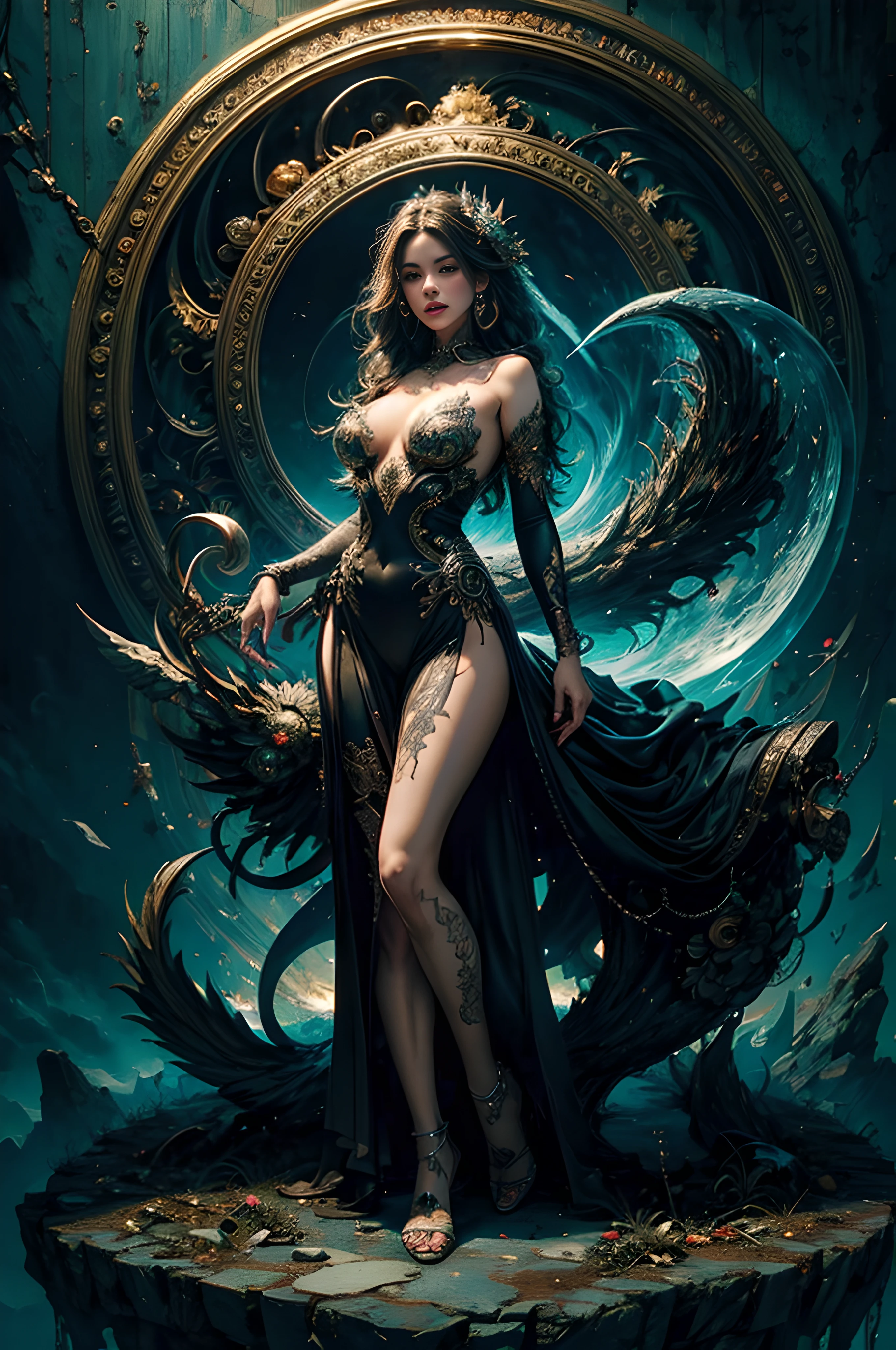 wavy, cool design, colorful design, warm colors, colorful, sinister, evil spirit, (masterpiece, top quality, best quality, official art, beautiful and aesthetic:1.2), , extreme detailed,(fractal art:1.3), entangle ,colorful ,highest detailed (((masterpiece))), (((best quality))), ((ultra-detailed)),(highly detailed CG illustration) ((an extremely delicate and beautiful)) ,cinematic light, erotic, erotic pose, full body