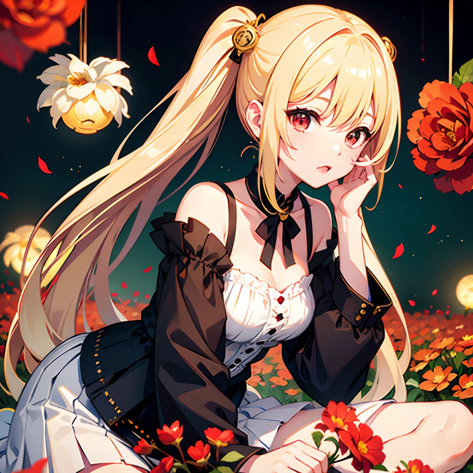 a blond、poneyTail、red eyes、Beautiful girl alone、独奏、off shoulders、flower field