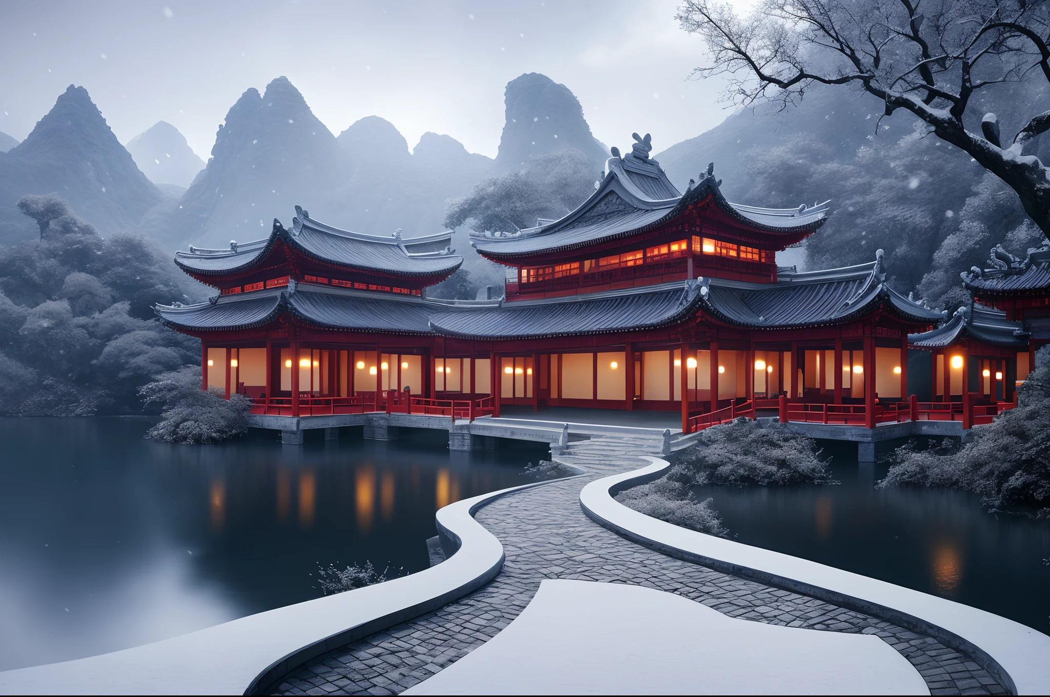 Masterpiece, best quality, high quality, extremely detailed CG unity 8k wallpaper, classical Chinese garden, landscape, amsterdam, winter, ((snowing)), outdoor, sky, daytime, landscape, water, tree, blue sky, waterfall , nature, lake, river, cloudy sky, award winning photography, bokeh, depth of field, HDR, bloom, chromatic aberration, photorealism, very detailed, trending on artstation, trending on CGsociety, intricate, high detail, dramatic, midjourney art