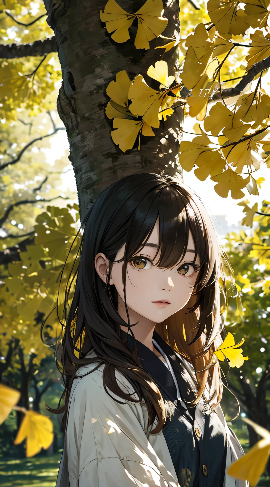 autumnal,beautiful Girl(1girll:1.3),A high resolution,ultra - detailed,ginko,Ginkgo tree,komono,Noon time,And focus on the subtle details and atmosphere of the scene。