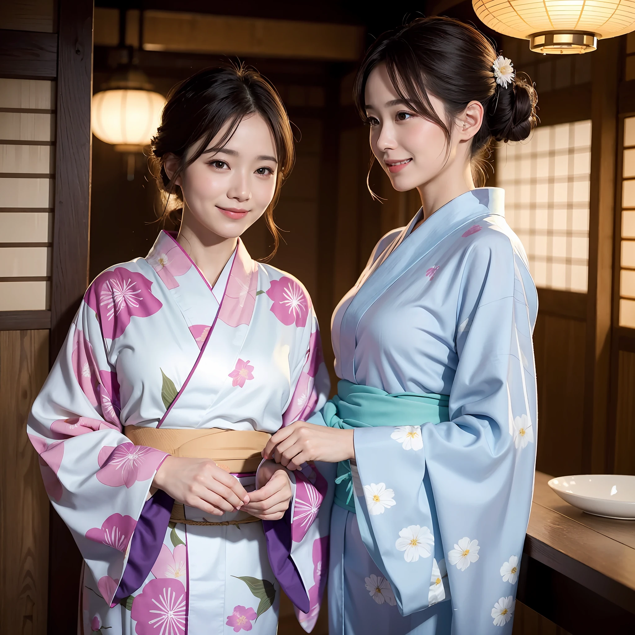 (Highest quality, masterpiece), One person, Intricate details, beautiful細部までこだわった顔, yukata, View your viewers, Summer festival, blush, Open your mouth, Black Hair, Medium Hair, Blunt bangs, Happy, Are standing, Cowboy Shot,solo, High resolution, smile, chest,Curly Hair, sexy,beautiful,cute