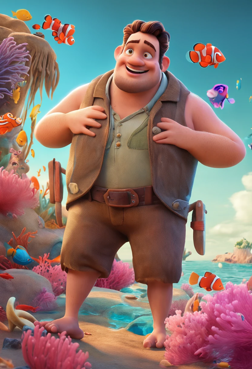 movie picture quality,style of disney animation,Disney animated films,ocean floor,The corals,Fat toot very short, bearded uncle swims in the sea on a huge koi,short detailed hair,closeup cleavage,The barefoot,depth of fields,high light,Real light,Ray traching,oc rendered,Hyper-realistic,best qualtiy,8K,Works of masters,super-fine,Detailed pubic hair,Correct anatomy,sharp focus on eyes,Bokeh,Facial features are carefully depicted,looking at me