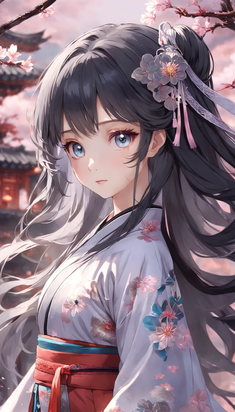 (:1.5),Lace,ribbon,Hanfu,(Masterpiece, side-lighting, Beautiful gray eyes，The details are meticulous: 1.2), Masterpiece, Realistic, Glowing eyes,Shiny hair,Black hair,long whitr hair, Glossy glossy skin, Solo, embarressed,No shoulder strap,Exquisite,prettify,sonoko,Flowers,flying petal,