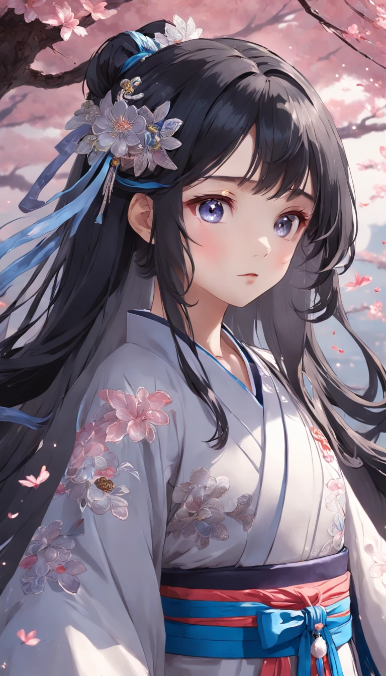 (Little girl:1.5),Lace,ribbon,Hanfu,(Masterpiece, side-lighting, Beautiful gray eyes,The details are meticulous: 1.2), Masterpiece, Realistic, Glowing eyes,Shiny hair,Black hair,long whitr hair, Glossy glossy skin, Solo, embarressed,No shoulder strap,Exquisite,prettify,sonoko,Flowers,flying petal,