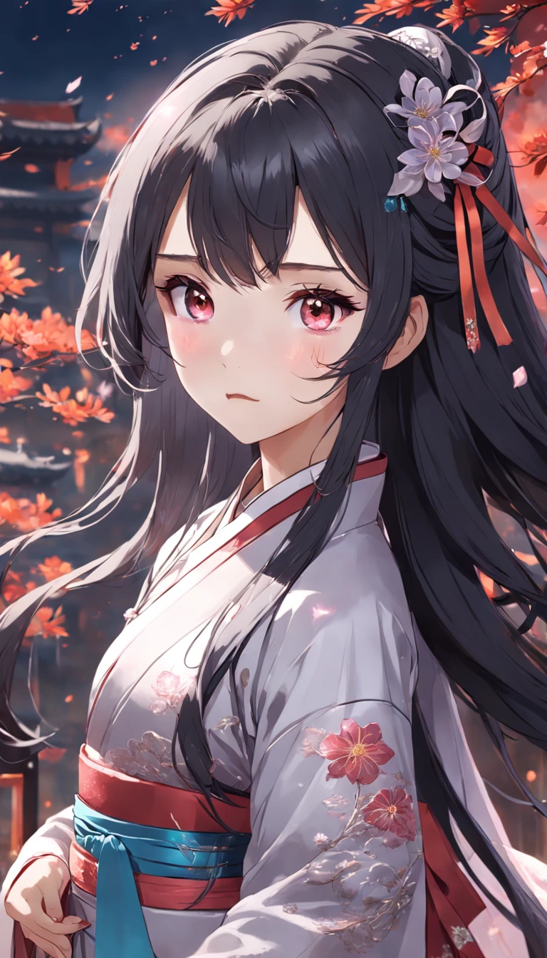 (Little girl:1.5),Lace,ribbon,Hanfu,(Masterpiece, side-lighting, Beautiful gray eyes，The details are meticulous: 1.2), Masterpiece, Realistic, Glowing eyes,Shiny hair,Black hair,long whitr hair, Glossy glossy skin, Solo, embarressed,No shoulder strap,Exquisite,prettify,sonoko,Flowers,flying petal,
