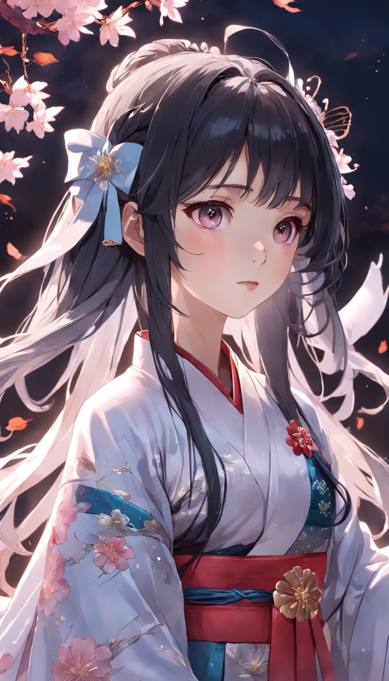 (:1.5),Lace,ribbon,Hanfu,(Masterpiece, side-lighting, Beautiful gray eyes,The details are meticulous: 1.2), Masterpiece, Realistic, Glowing eyes,Shiny hair,Black hair,long whitr hair, Glossy glossy skin, Solo, embarressed,No shoulder strap,Exquisite,prettify,sonoko,Flowers,flying petal,
