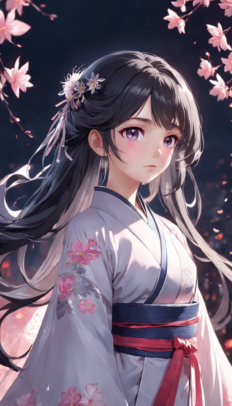 (Little girl:1.5),Lace,ribbon,Hanfu,(Masterpiece, side-lighting, Beautiful gray eyes,The details are meticulous: 1.2), Masterpiece, Realistic, Glowing eyes,Shiny hair,Black hair,long whitr hair, Glossy glossy skin, Solo, embarressed,No shoulder strap,Exquisite,prettify,sonoko,Flowers,flying petal,