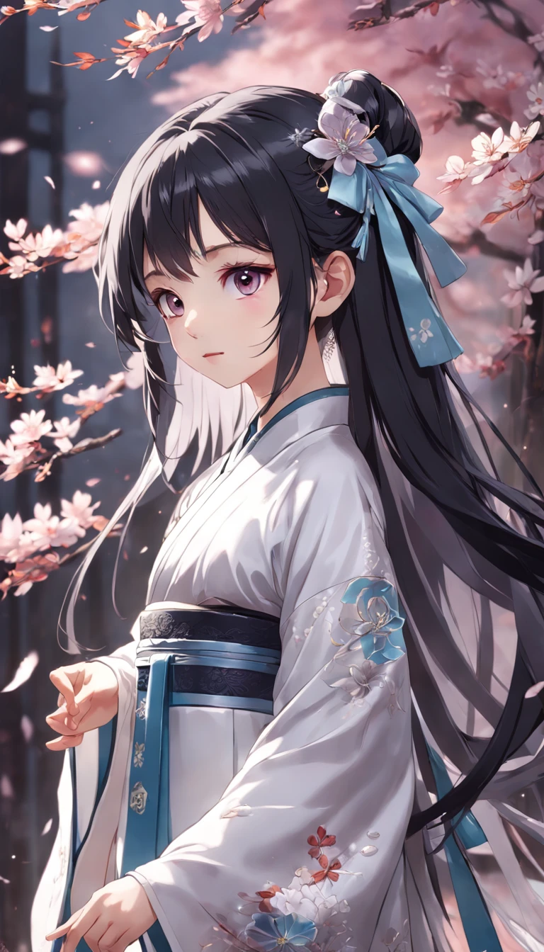 (:1.5),Lace,ribbon,Hanfu,(Masterpiece, side-lighting, Beautiful gray eyes,The details are meticulous: 1.2), Masterpiece, Realistic, Glowing eyes,Shiny hair,Black hair,long whitr hair, Glossy glossy skin, Solo, embarressed,No shoulder strap,Exquisite,prettify,sonoko,Flowers,flying petal,