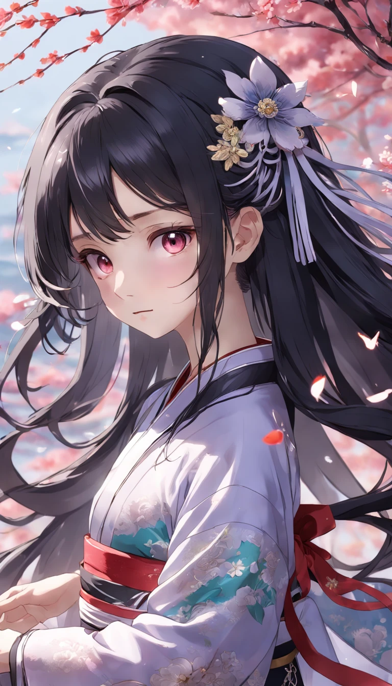 (:1.5),Lace,ribbon,Hanfu,(Masterpiece, side-lighting, Beautiful gray eyes,The details are meticulous: 1.2), Masterpiece, Realistic, Glowing eyes,Shiny hair,Black hair,long whitr hair, Glossy glossy skin, Solo, embarressed,No shoulder strap,Exquisite,prettify,sonoko,Flowers,flying petal,