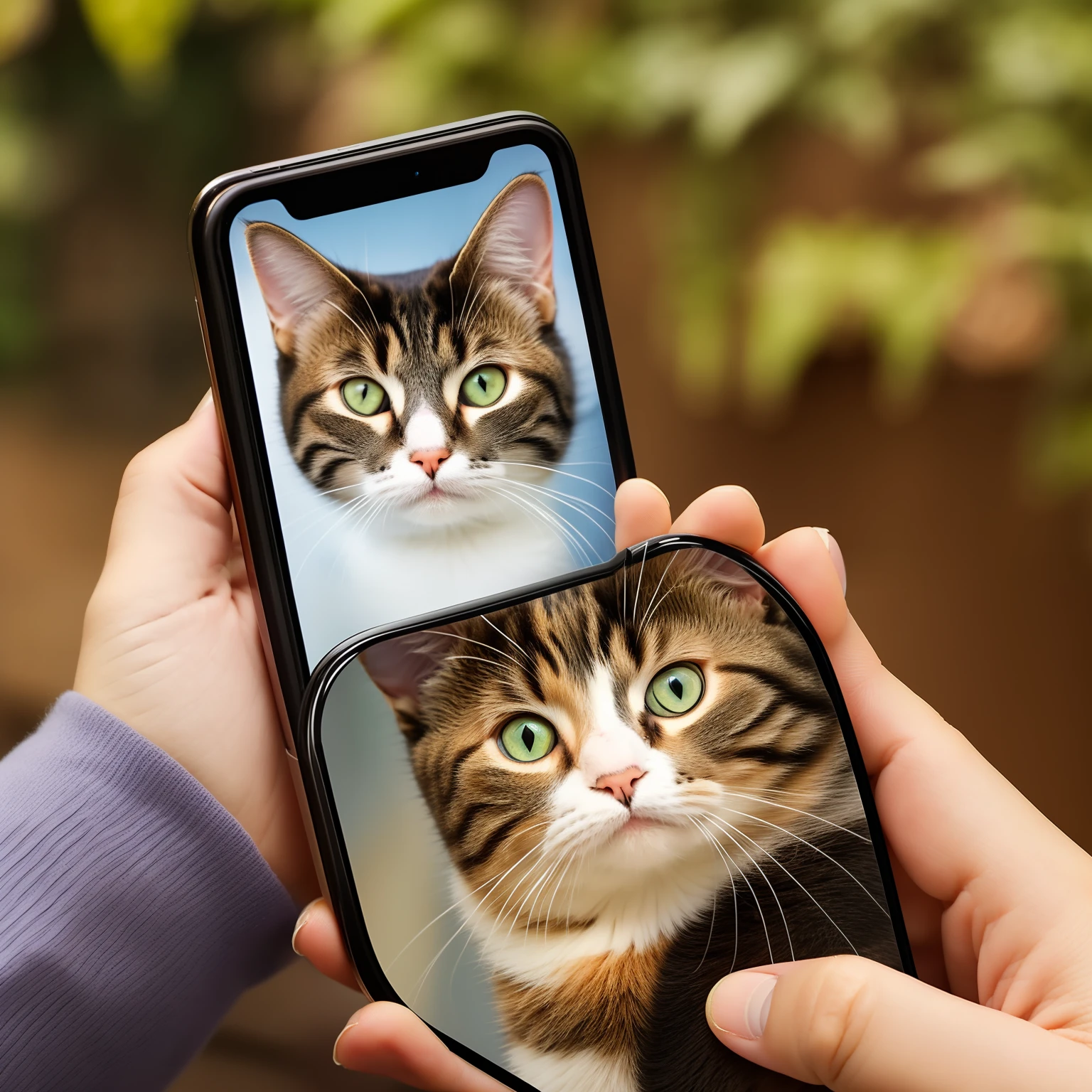 Someone holds a picture of a cat on a cell phone, 8k --height 768, 480p, 4 8 0 p, cctv - c 8, Wang Chen, Chiba Yuda, Detailed picture, 8K 1080p, 8 k 1 0 8 0 p