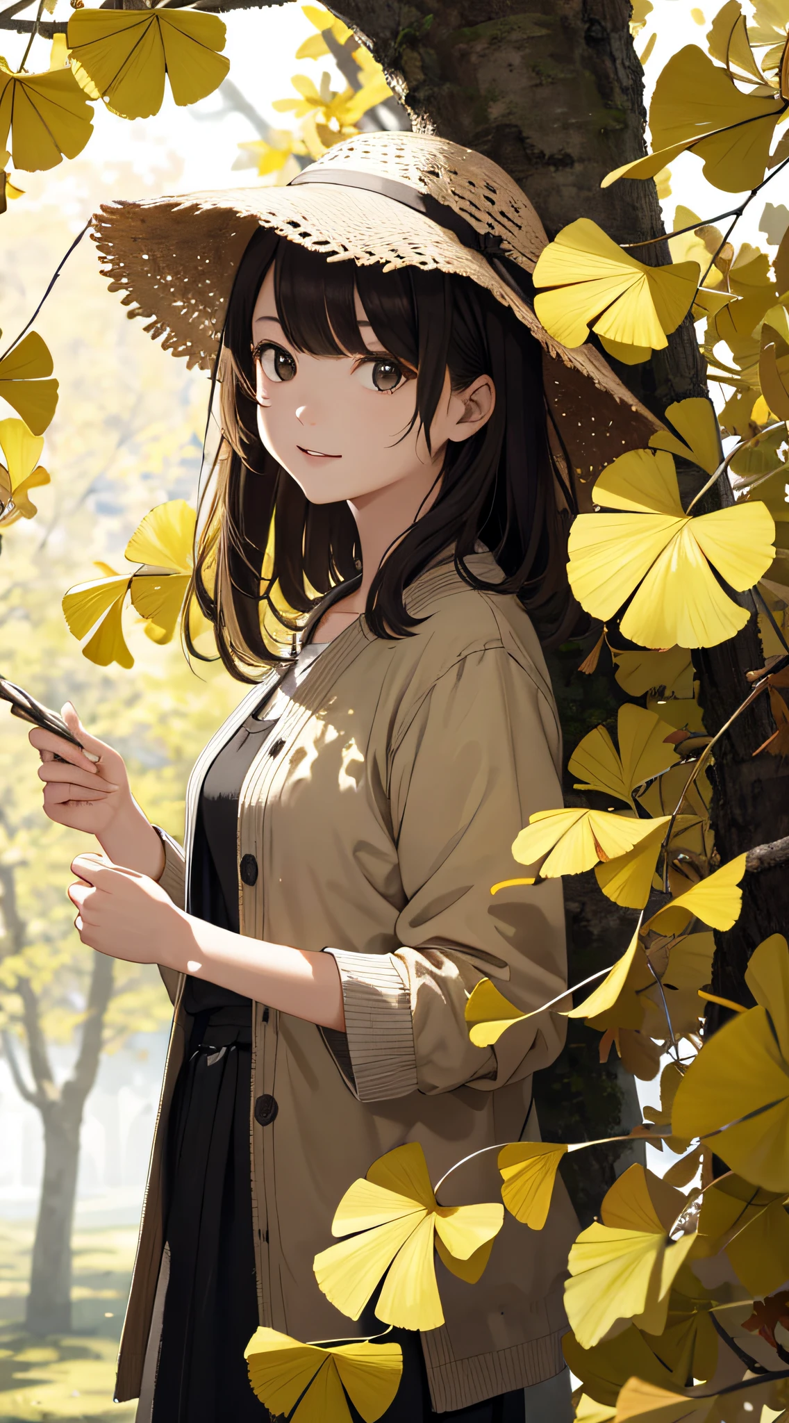 autumnal,beautiful Girl(1girll:1.3),A high resolution,ultra - detailed,ginko,Ginkgo tree,komono,Noon time,And focus on the subtle details and atmosphere of the scene。