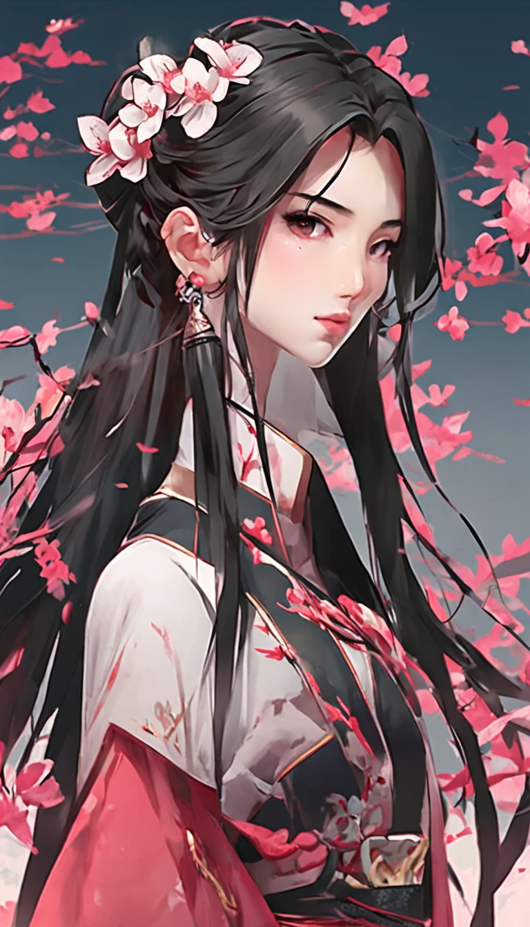 Danfeng Eyes,bushido,The upper part of the body,Black coiled hair,Simple hairpins,Cold eyes,solo person,orthofacial,frontage,Peach blossom background,Highly saturated colors,Hyper Real,8K high-definition,holding a longsword,Absolutely beautiful,high light,plethora of colors