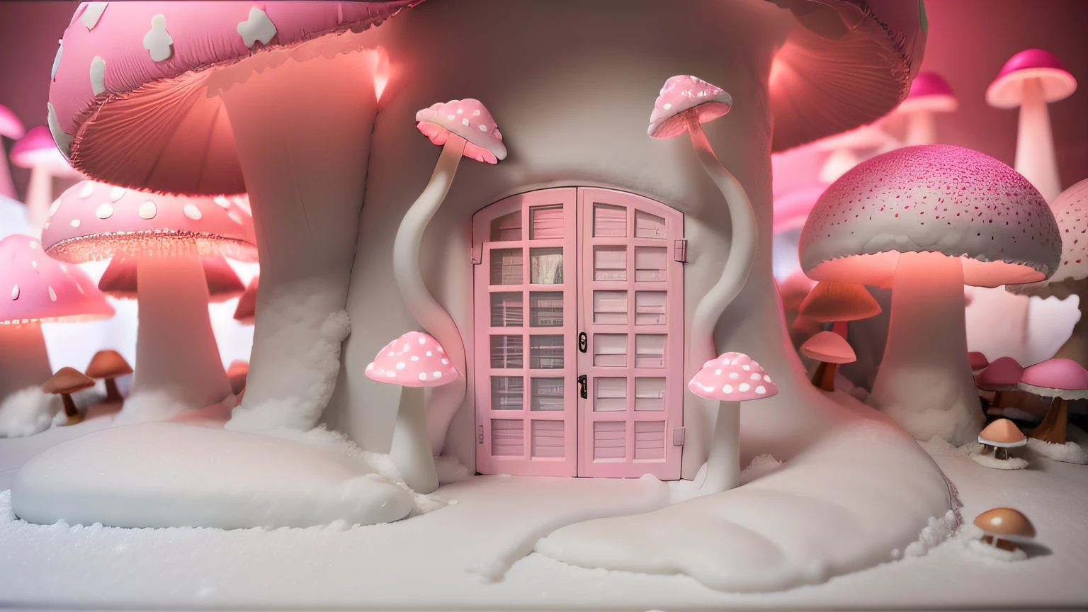 Cotton Model. mushrooms neon pink. Maquete. mushrooms neon. White snow Cotton. Maquete. Porta de madeira maquete. Cotton on the floor