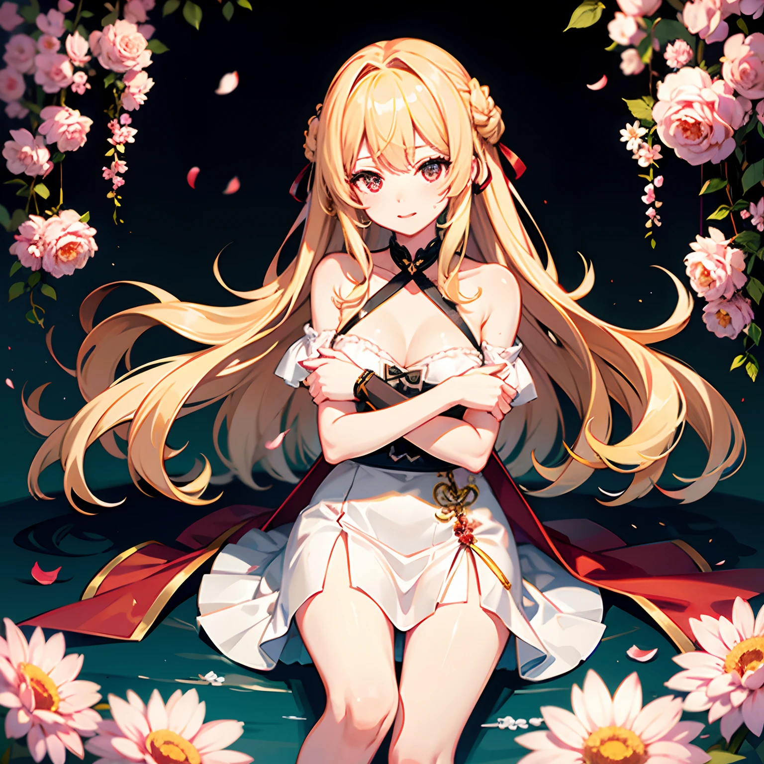 Wavy blonde、red eyes、Beautiful girl alone、独奏、off shoulders、a miniskirt、Surrounded by flowers