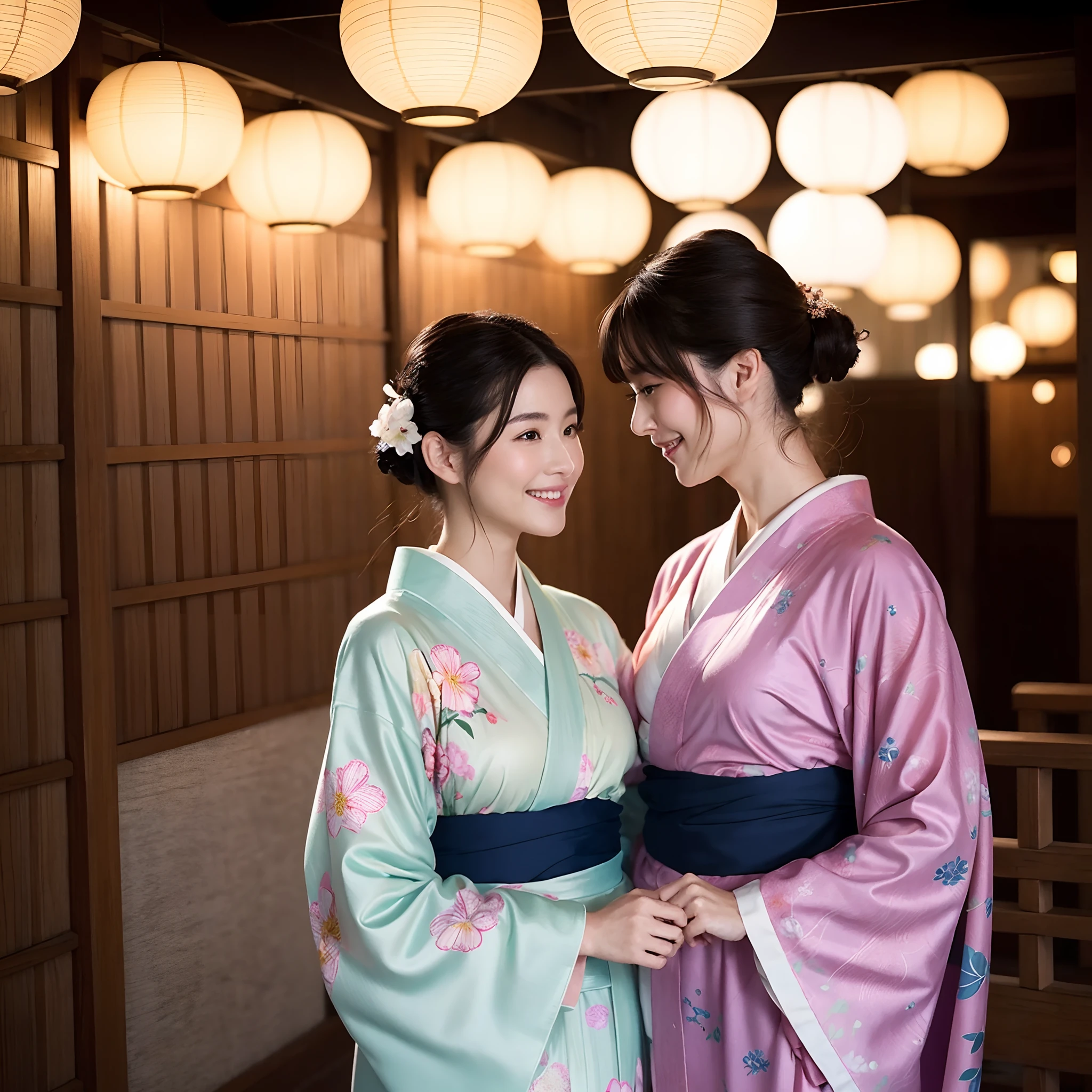 (a masterpiece of、top-quality:1.2)、ultra-detailliert、lighting like a movie、(((Beautiful woman looking up at fireworks)))、A smile、woman wearing the kimono, bath robe, classy yukata clothing, Wearing a colorful yukata, in a kimono, Wearing a kimono, japanese kimono, in a kimono, Komono, wearing a haori, Yukata with morning glory pattern, A Japanese style, Wearing kimono,