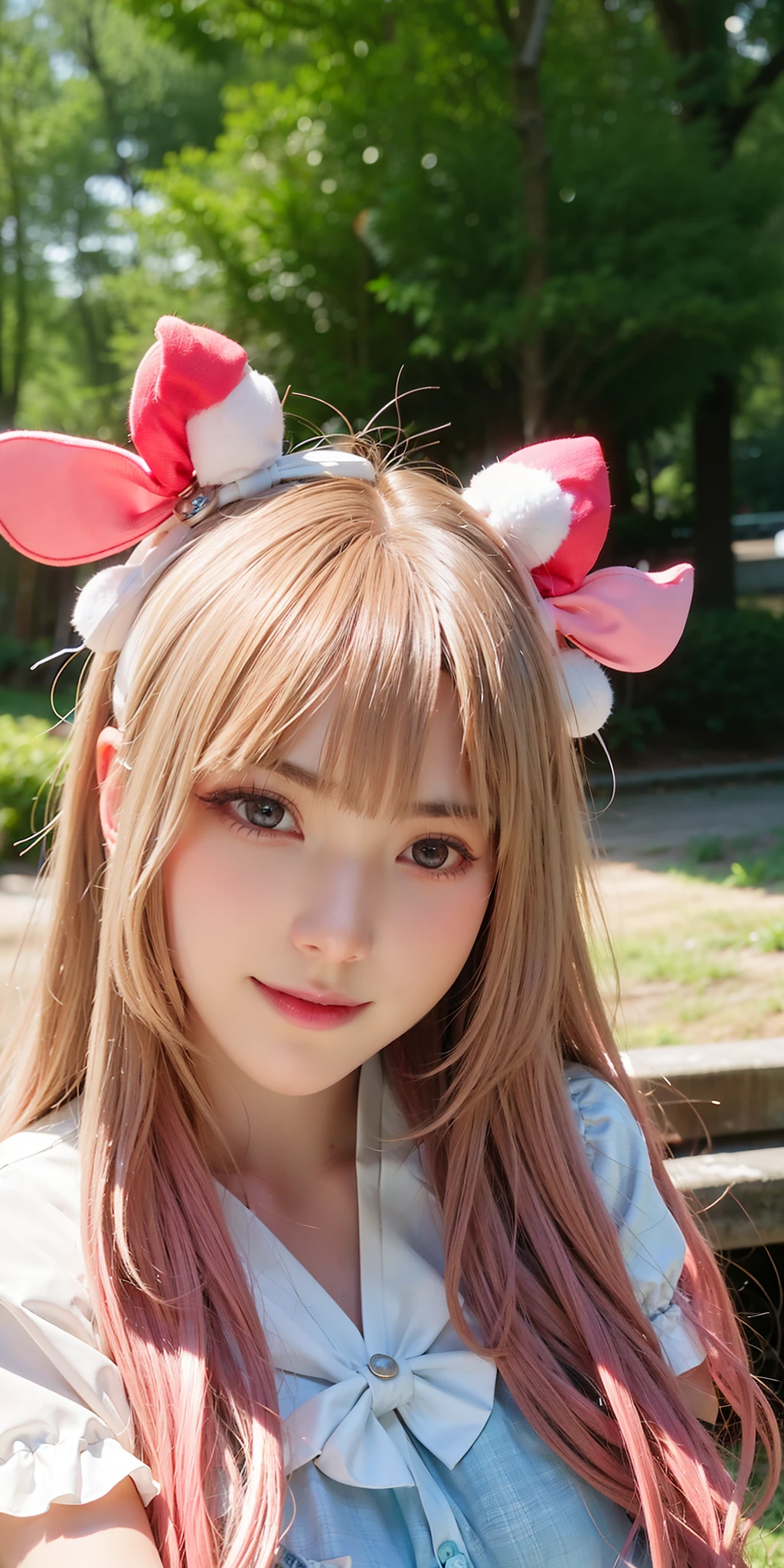 (8K, 4K, Best Quality, hight resolution:1.2), (maasterpiece, Realistic, photographrealistic:1.37), 1girl in, Solo, Beautiful face, Eyelashes, Nose, Glossy lips, (Detailed eyes, Looking at Viewer, Fair skin, White skin:1.5), fine complexion, Upper body,
Large breasts, busty, , (:1.5),
outdoor bath,
two side up, absurdly long hair, Blonde hair, Pink hair, Bangs, Hair Ornament, Bow,
Younger, aged down,