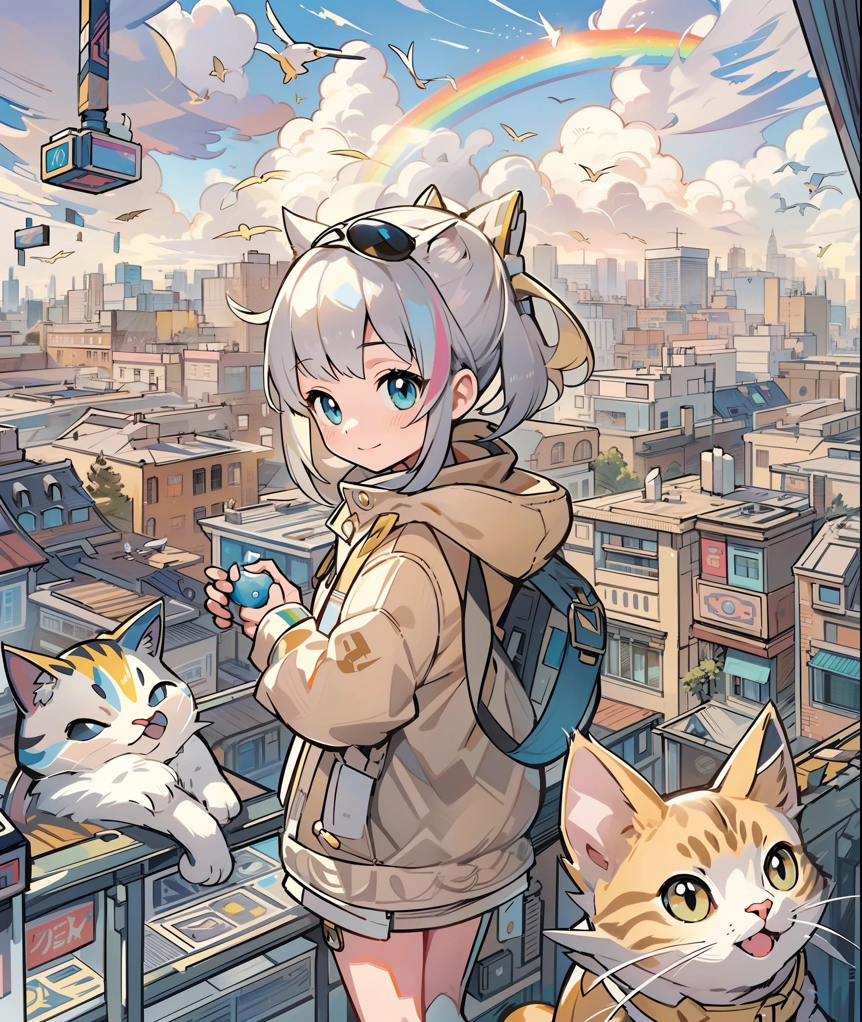 profile、1girl in,A pokémon_The card,(top-quality), (high_quality), (Convoluted_Details), (ultra-detailliert), (illustratio), (Distinct_image),saito_naoki,city scenery、Rainbow View、With cats（（Cute cat１.５））