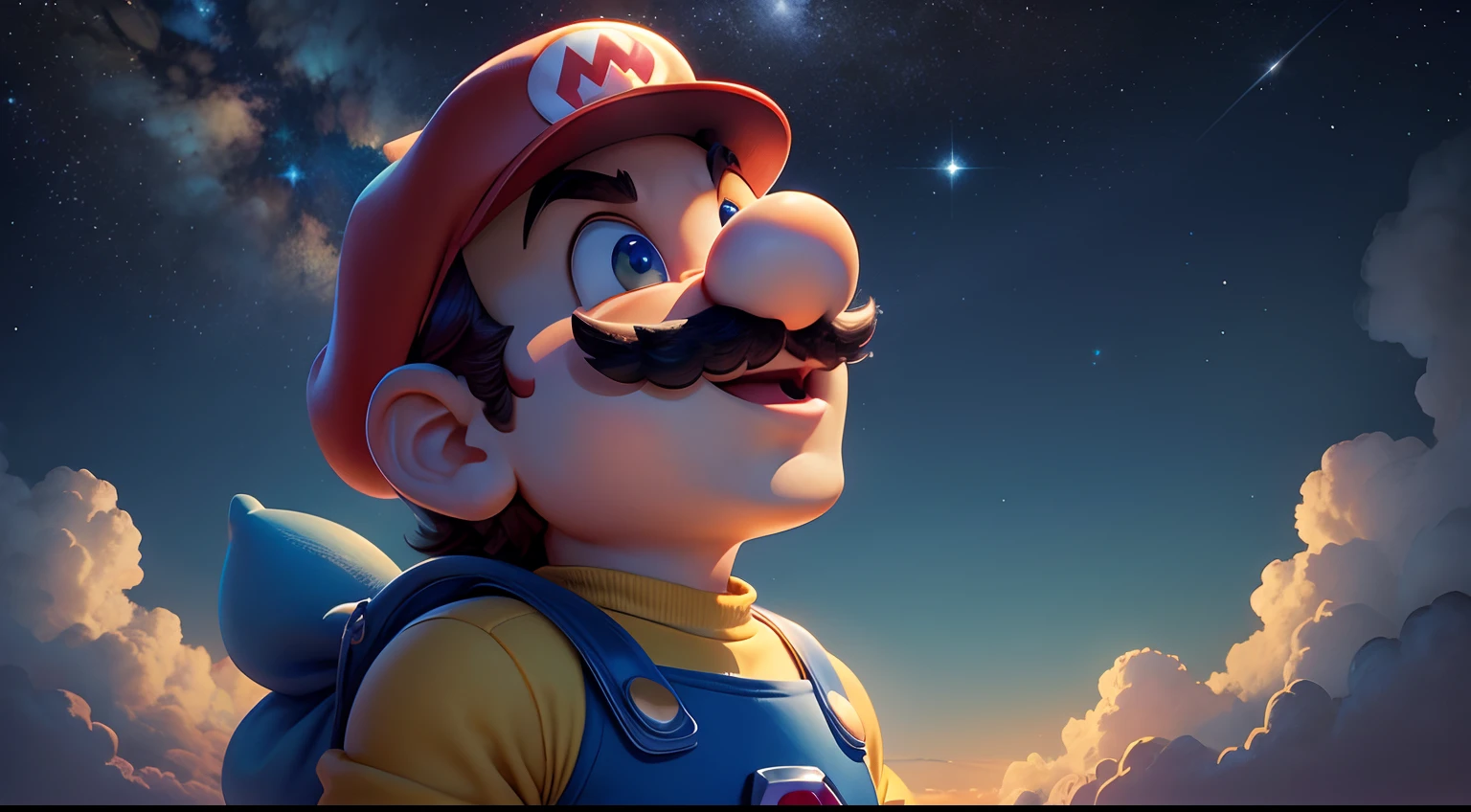 Super Mario looking up at the starry midnight sky, Estilo Lofi, fechar para cima, Ultra Detalhado, 8k