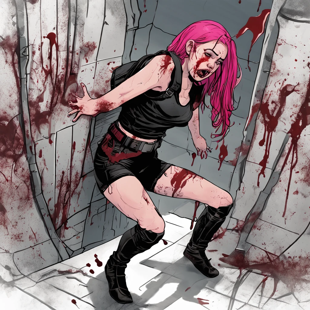 Girl with pink hair holding her stomach with her hands, Girl hugging her belly, Girl in black latex T-shirt and leather shorts and stockings, An evil expression on his face, bent in half, blood from the mouth, Blood from under the hands, bent in half, Death scene, She was hit in the stomach, Hunched, She keeps her hands on her stomach, slides down the wall, Dangerous red-haired killer girl, Girl in black tight clothes, Short shorts, Tight jacket, belts, band-aid on the nose, 軽蔑, Beautiful Detail Face, hiquality,European Girl, Kneeling, missed a blow to the stomach, this, Surprised, blood from the mouth, The girl holds her hands on her stomach, The girl's arms wrap around her waist, blood on his hands, blood on the abdomen, A wound to life