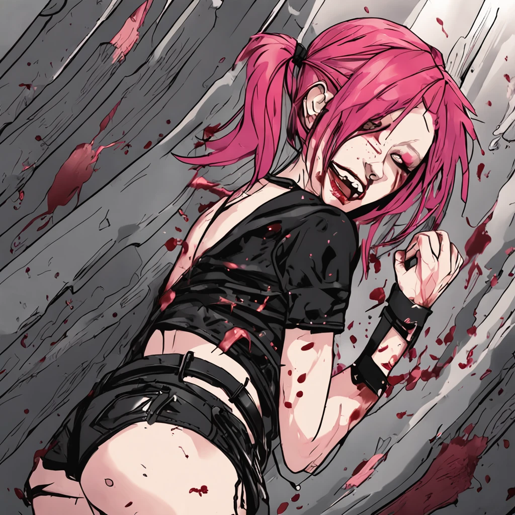 Girl with pink hair holding her stomach with her hands, Girl hugging her belly, Girl in black latex T-shirt and leather shorts and stockings, An evil expression on his face, bent in half, blood from the mouth, Blood from under the hands, bent in half, Death scene, She was hit in the stomach, Hunched, She keeps her hands on her stomach, slides down the wall, Dangerous red-haired killer girl, Girl in black tight clothes, Short shorts, Tight jacket, belts, band-aid on the nose, 軽蔑, Beautiful Detail Face, hiquality,European Girl, Kneeling, missed a blow to the stomach, this, Surprised, blood from the mouth, The girl holds her hands on her stomach, The girl's arms wrap around her waist, blood on his hands, blood on the abdomen, A wound to life