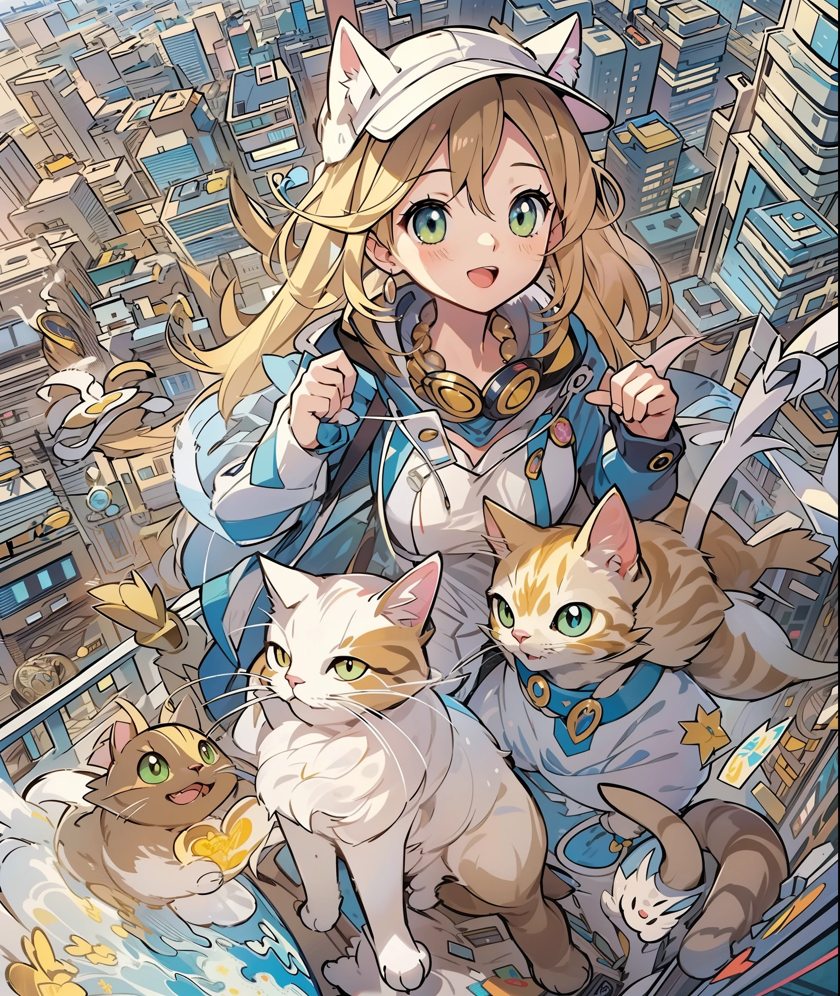 profile、1girl in,A pokémon_The card,(top-quality), (high_quality), (Convoluted_Details), (ultra-detailliert), (illustratio), (Distinct_image),saito_naoki,city scenery、Rainbow View、With cats（（Cute cat１.５））
