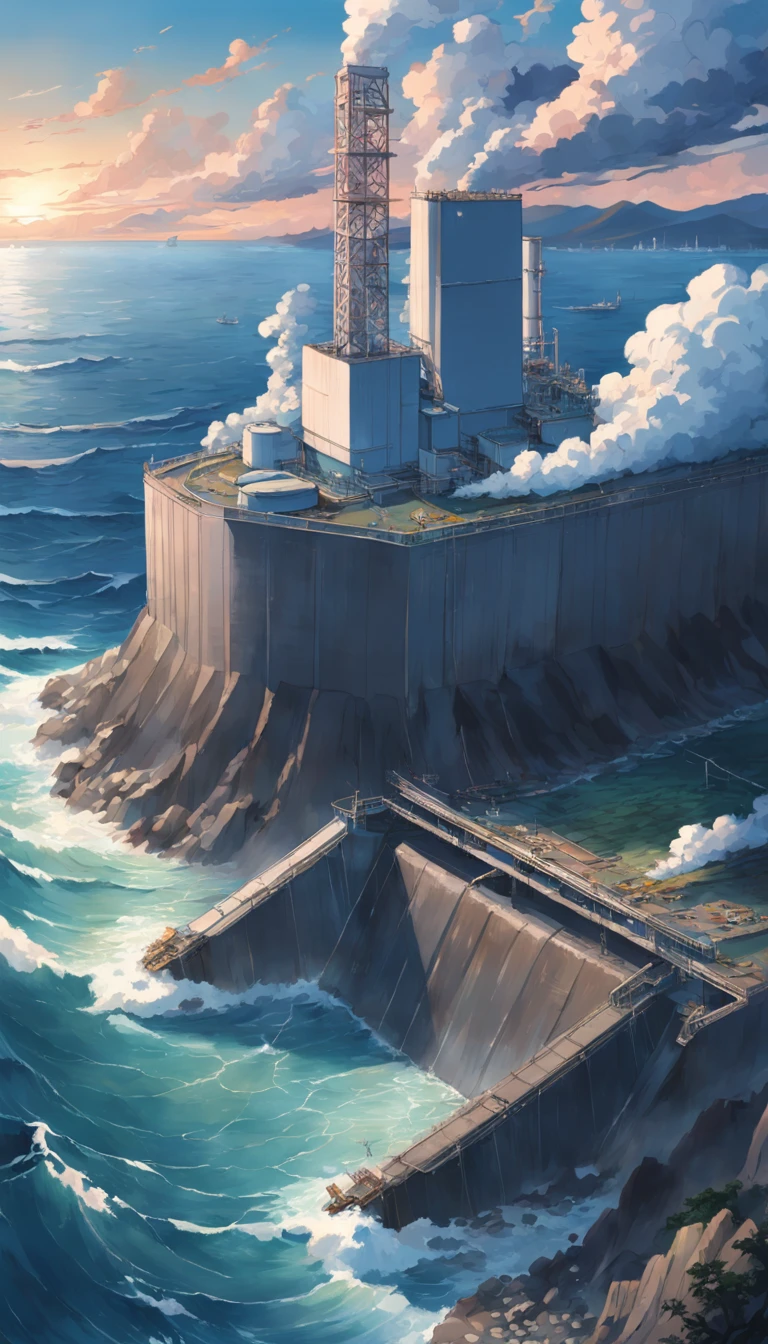 Depicting the appearance of the Fukushima nuclear power plant, Displays the drain，Dumping contaminated water into the ocean. Emphasize the contrast between nuclear power plants and the vast sea