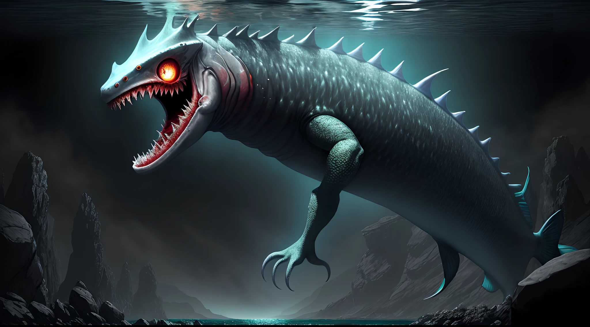 ((best quality)), ((masterpiece)), (detailed), A digital illustration of people being attacked by underwater monsters in a dark, murky ocean setting