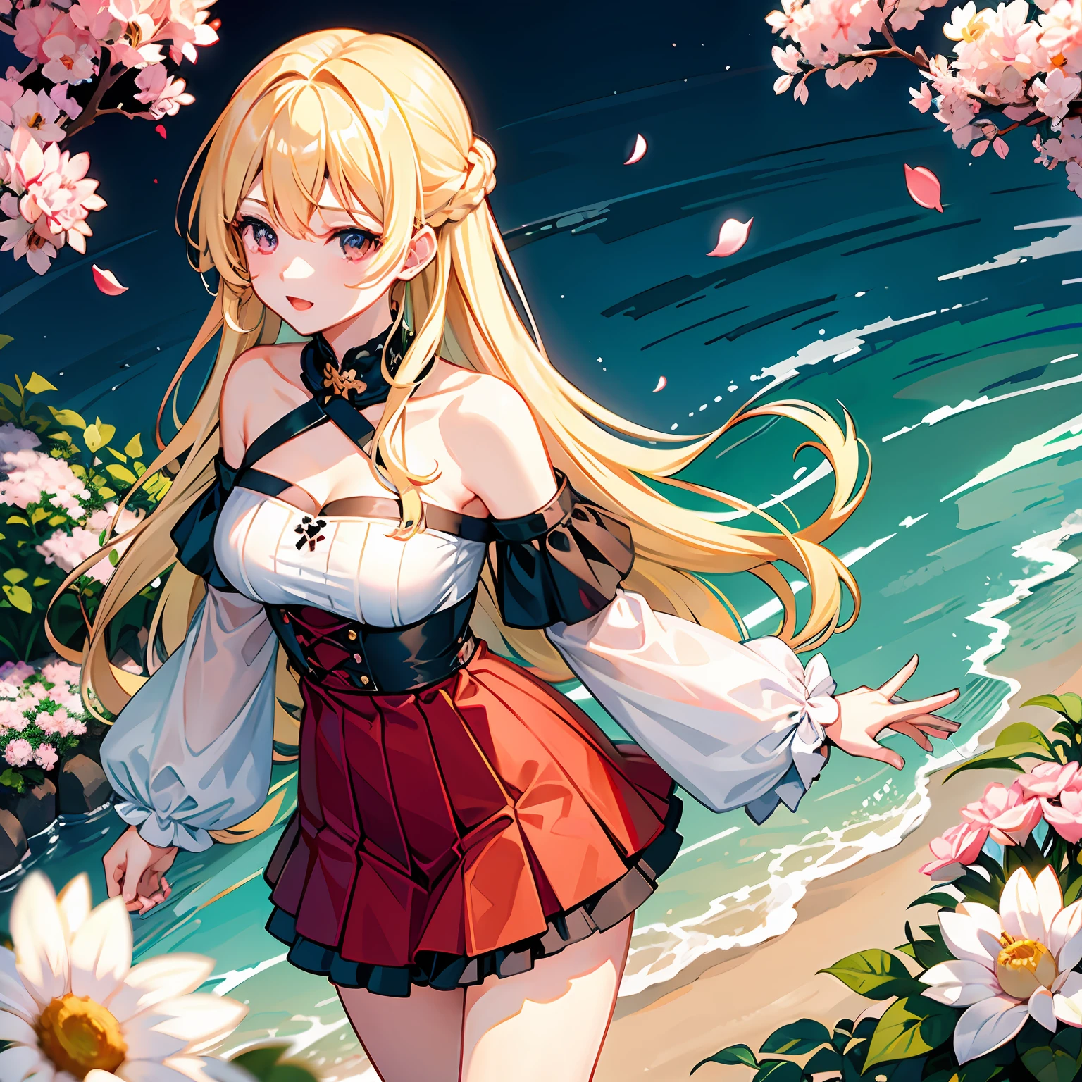 Wavy blonde、red eyes、Beautiful girl alone、独奏、off shoulders、a miniskirt、Surrounded by flowers