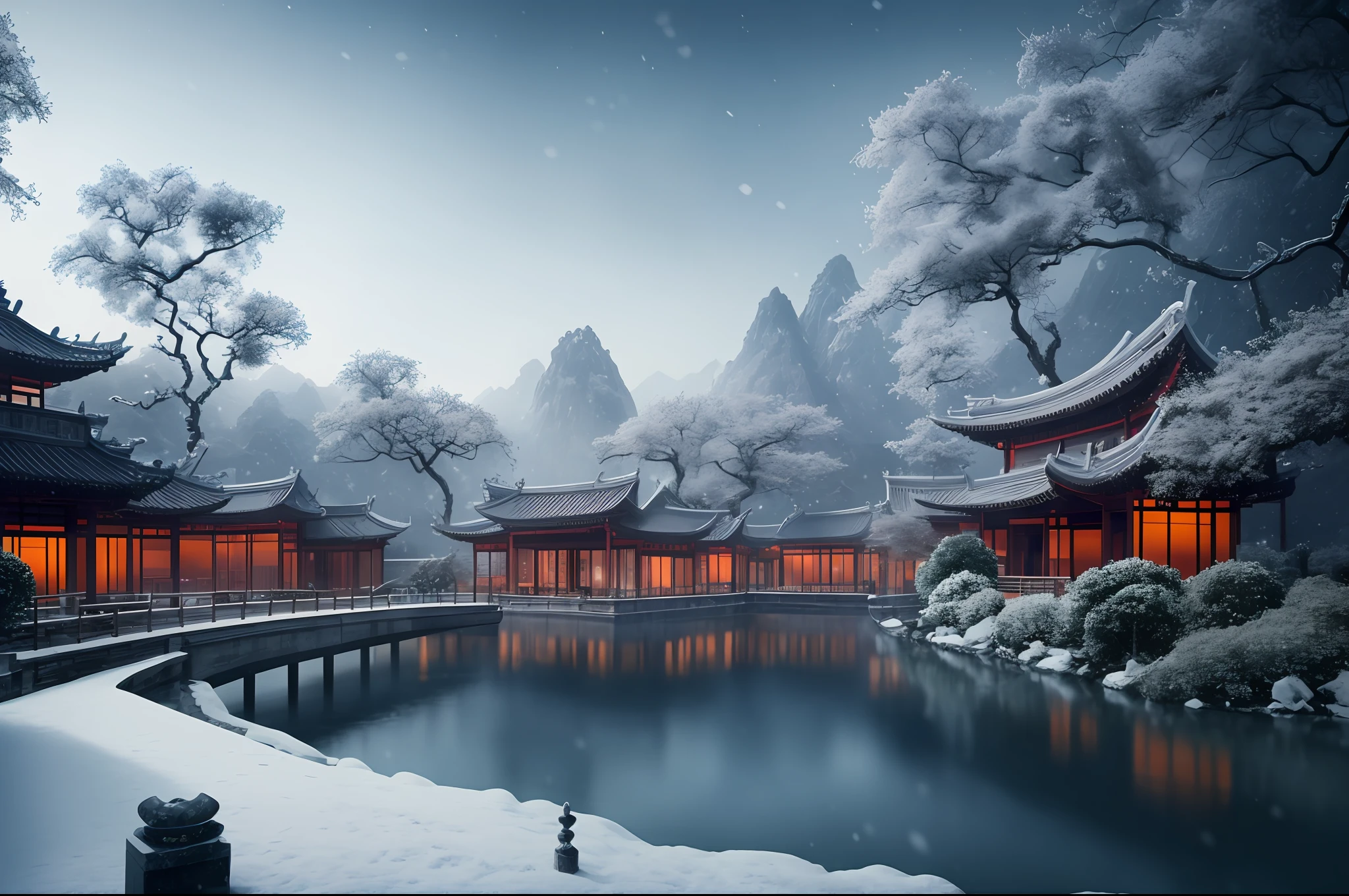 Masterpiece, best quality, high quality, extremely detailed CG unity 8k wallpaper, classical Chinese garden, landscape, Amsterdam, winter, ((snowing)), outdoor, sky, daytime, landscape, water, tree, blue sky, waterfall, nature, lake, river, cloudy sky, award winning photography, bokeh, depth of field, HDR, bloom, chromatic aberration, realism, very detailed, trends on artstation, trends on CGsociety, intricate, high detail, dramatic, Midjourney Art, 2:1