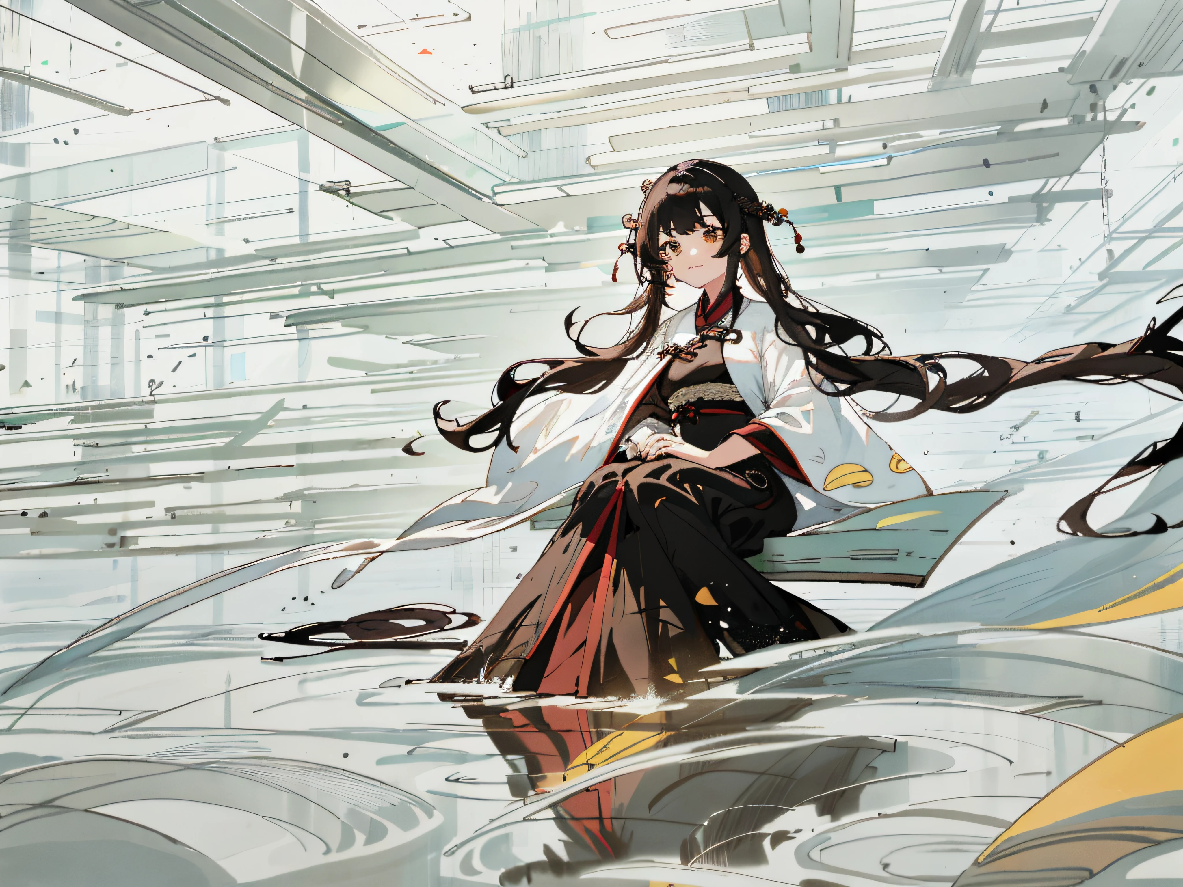 classroom,rim light,medium shot,1girl,blank stare,sitting,holding,1girl,Black hair,Brown Eye,gufeng,Very long Hanfu,Fine clothing details,Black Hanfu,Black clothing,