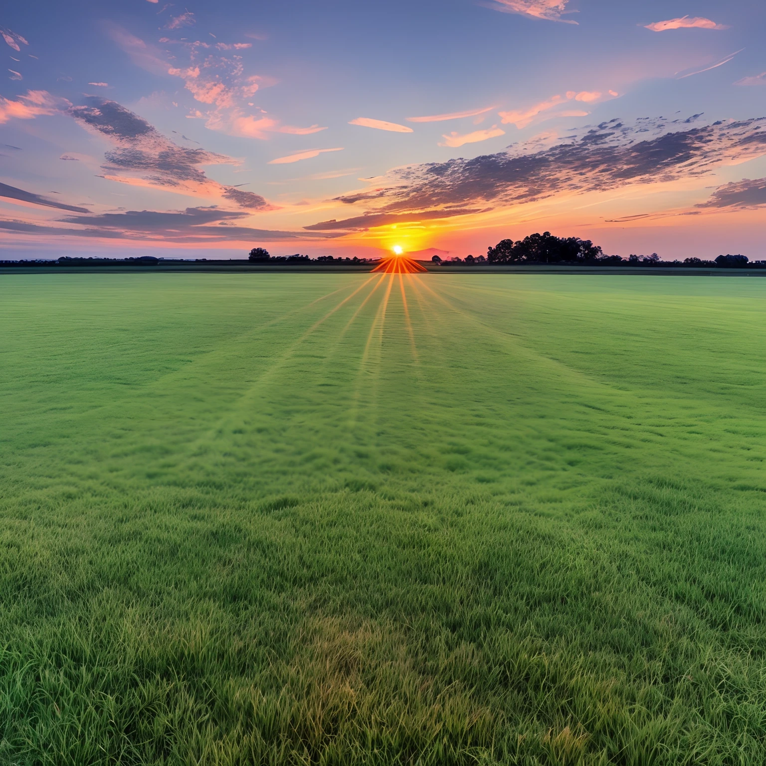 A infinity big grass field, ends with a beautiful sunset