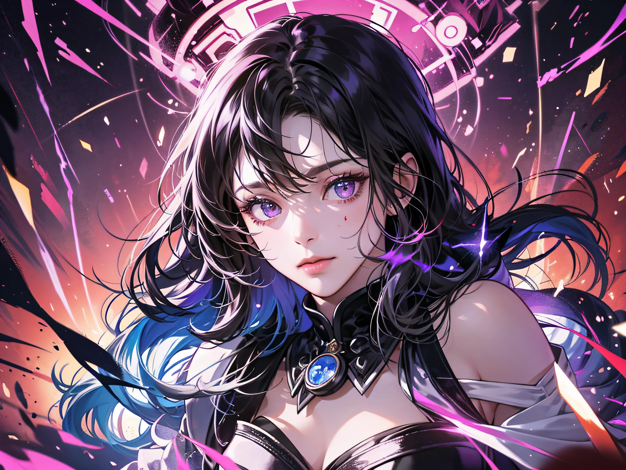 Pixiv artwork, exquisite (live-action realistic style), extreme face, blow-bombable skin, photorealistic light and shadow, starry eyes, seven-colored hair, shiny jewelry, colorful paint splashed background, dressed fashion, upper body out of the country, shoulders, front, beautiful, extremely high quality, cinematic picture
