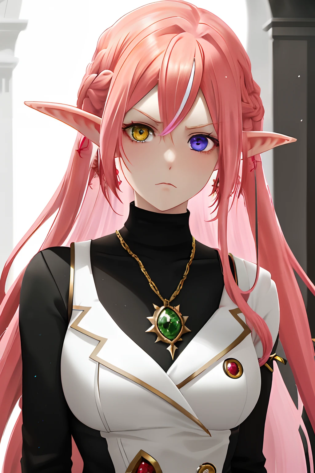 A high resolution， tack sharp focus， Pink hair，Heterochromic eyes golden-red，Heteropupil（GoldenEye on the left，Right red eye，)long whitr hair，elvish ears，Gloomy expression。