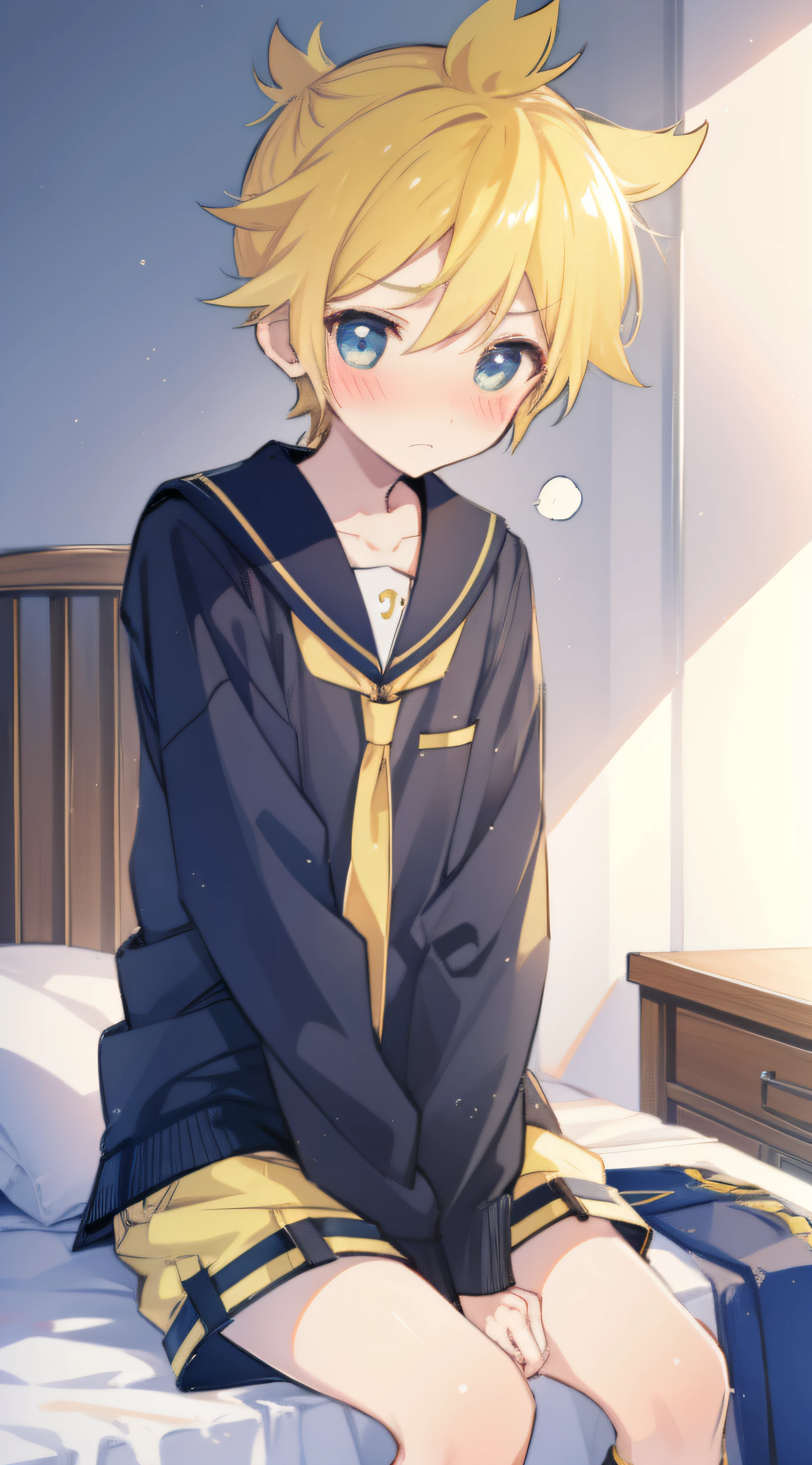 one boy, Len_Kagamine, sailor uniform, short pants, cowboy shot, outside, sitting on bed, (embarrassed), shy, blush