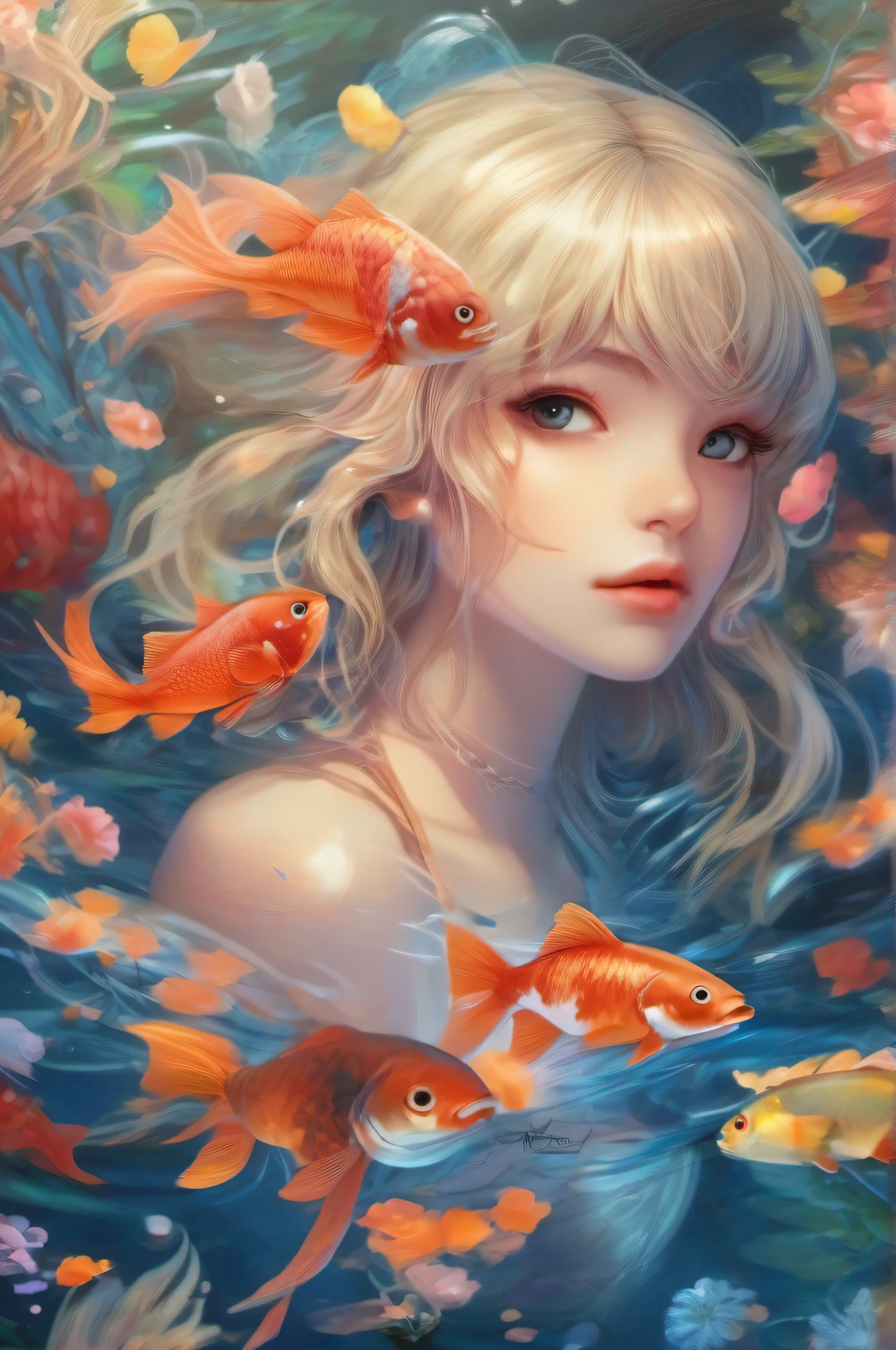 A girl, under deep sea, eBlue eyes, full bodyesbian, From the side Side, By bangs, Estampados florales, Blushlush, Hair flows in water, Schools of colorful fish, Me and Koi, Super realistic sparkling coral, Flower and fish motifs, blonde hair, blue hair, fish hair ornament, aqua eyes, Ghibli-like colours, reflection light, vignetting, macro photo, retina, UHD