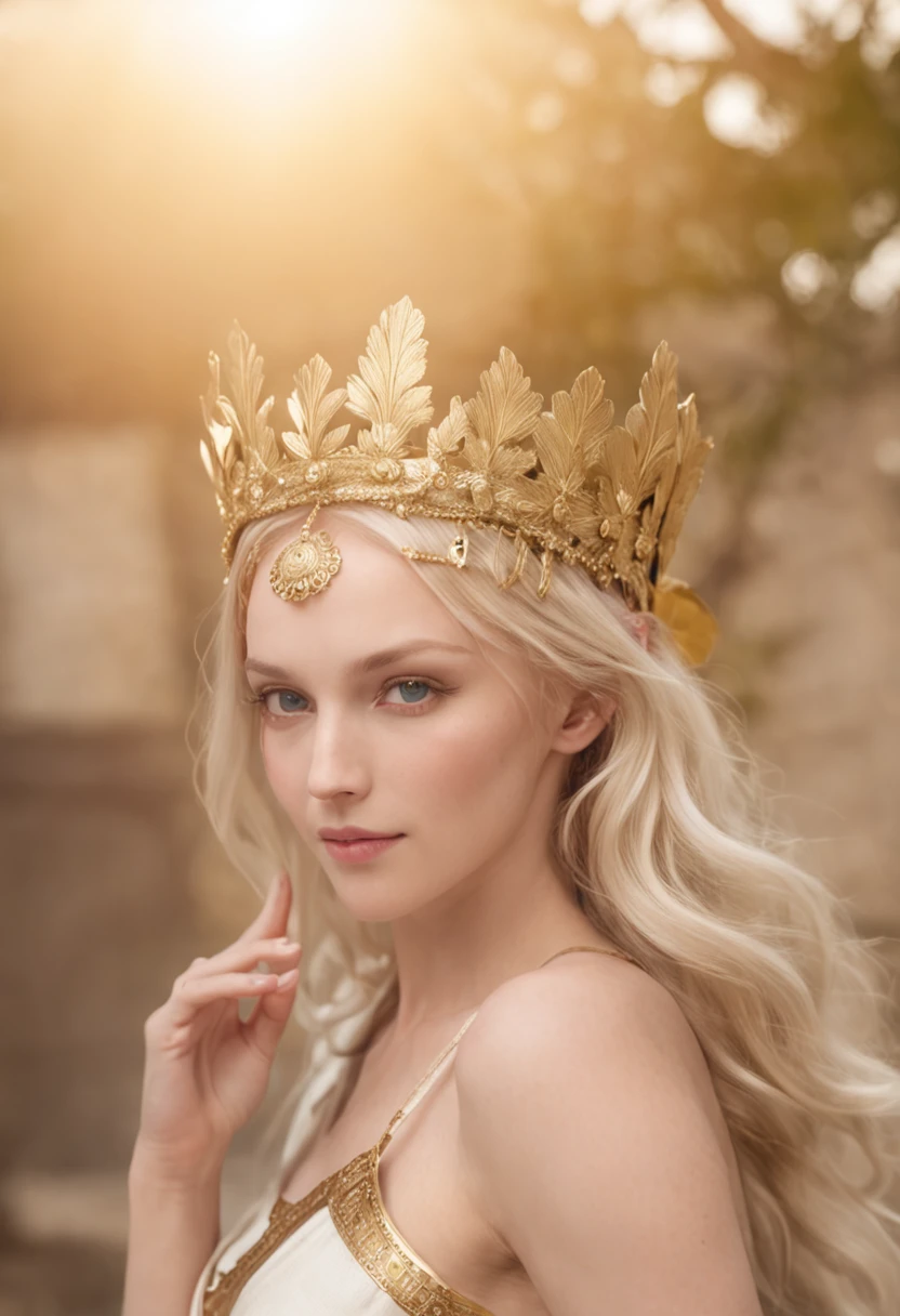 mother goddess of mercy and fertility, with blonde hair and blue eys, is fair-skinned, (looks very mild and gentle), is smiling happily, wears {elegant, long, loose, (black:1.3), greek toga}, puts on golden circlet, ancient Delos island, palm trees, golden flowers, Greek mythology, celestial and peaceful atmosphere, photorealistic, super high quality, super detail, ultra accurate description of hands, masterpiece, 8K, HDR