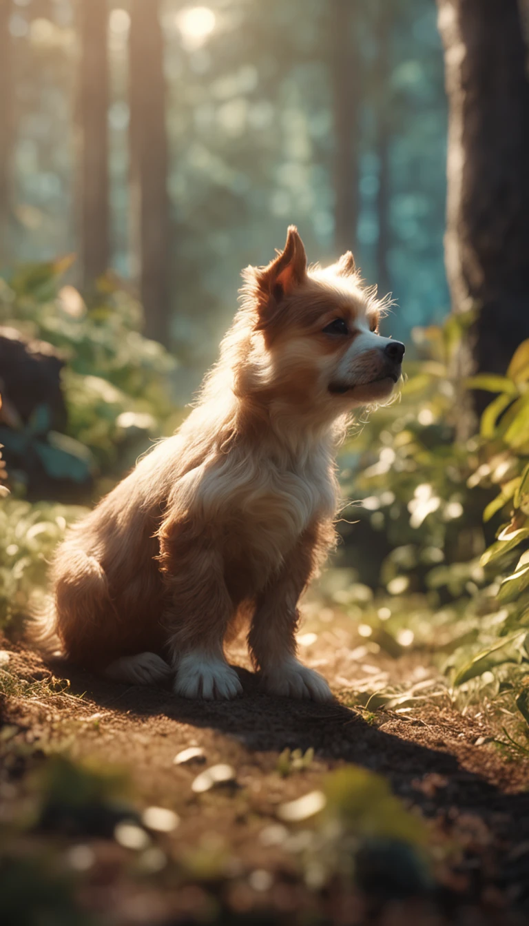 Close-up photo of a very cute jumping puppy in the forest，Soft volumetric light，Backlight 1.3，Movie 1.2，Complicated details，Art Station 1.3，rootkowski。