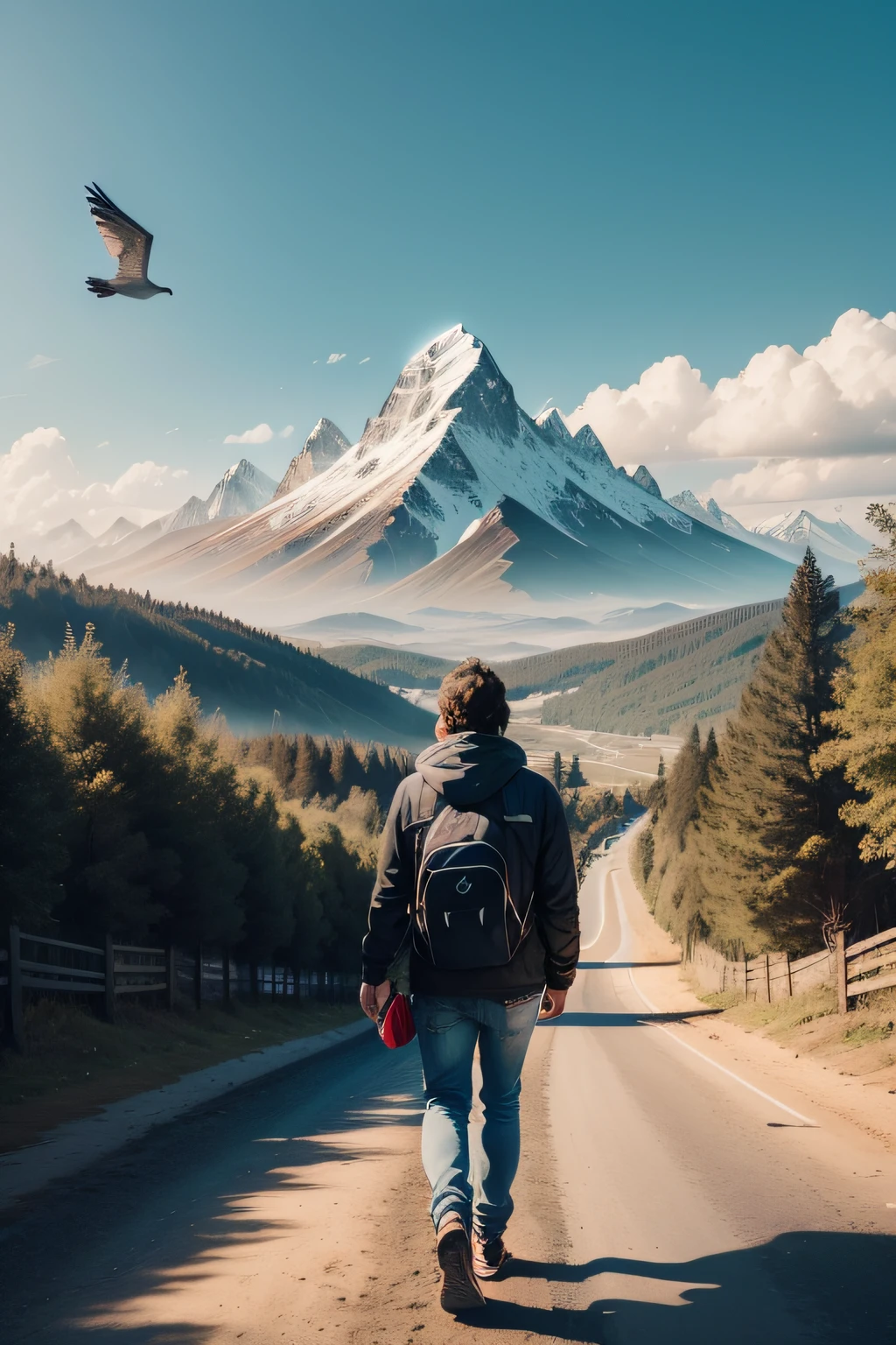 Make a detailed painting, de um homem negro caminhando em um dia frio de inverno, ele esta andando por uma estradada de terra, logo a frente tem uma linda paisagem, com arvores coloridas que transmitem o amor, Mountains and birds flying in blue sky, In his hand is a guitar,