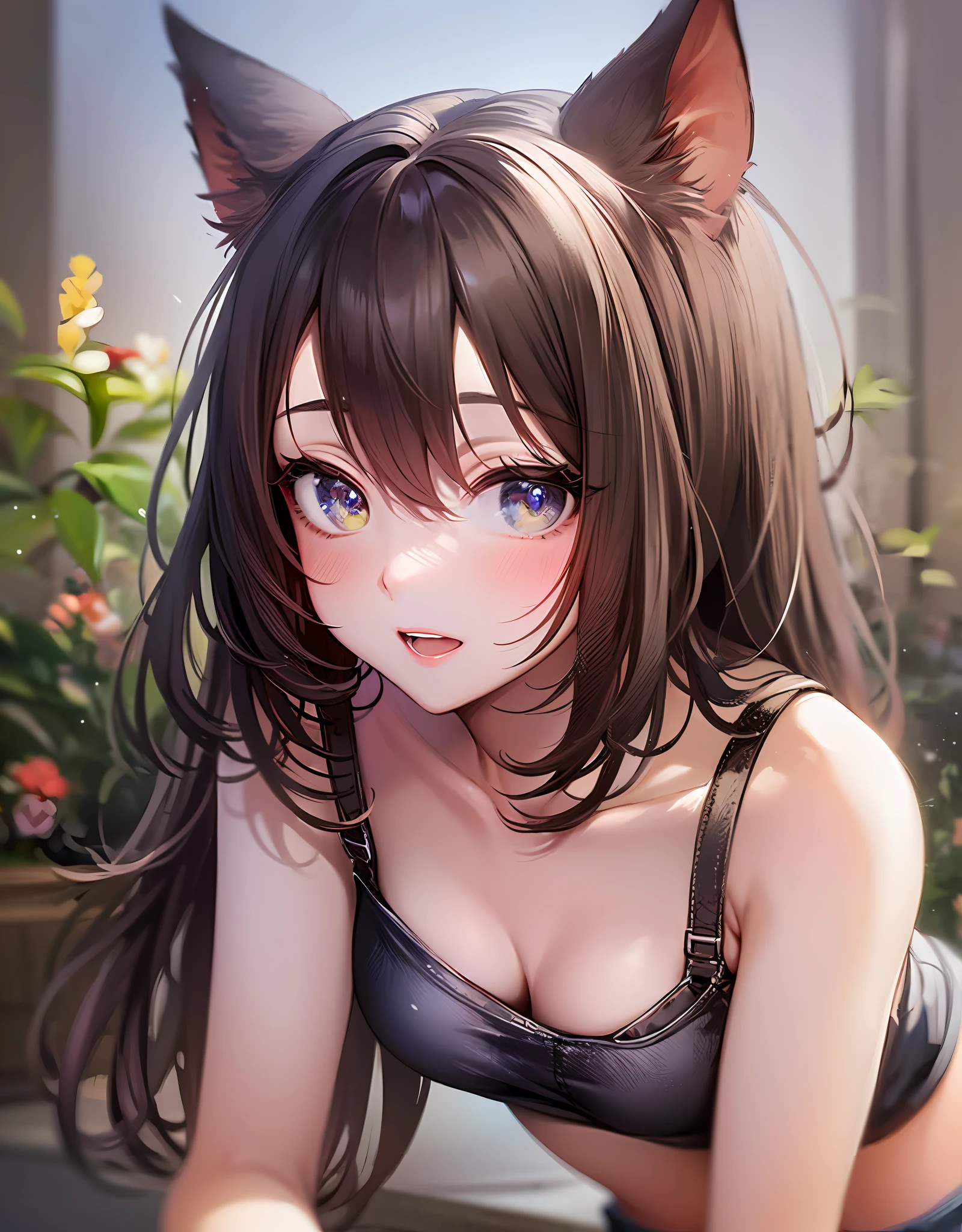 1 girl, Cat ears,16 years old, cute, loli, petite, cleavage, cleavage, crop top, cutoffs, denim shorts, midriff, short shorts, spaghetti strap, blush, on all fours, clavicle, delicate, best quality, HD, 8k, --s 1000 detail oil paintings