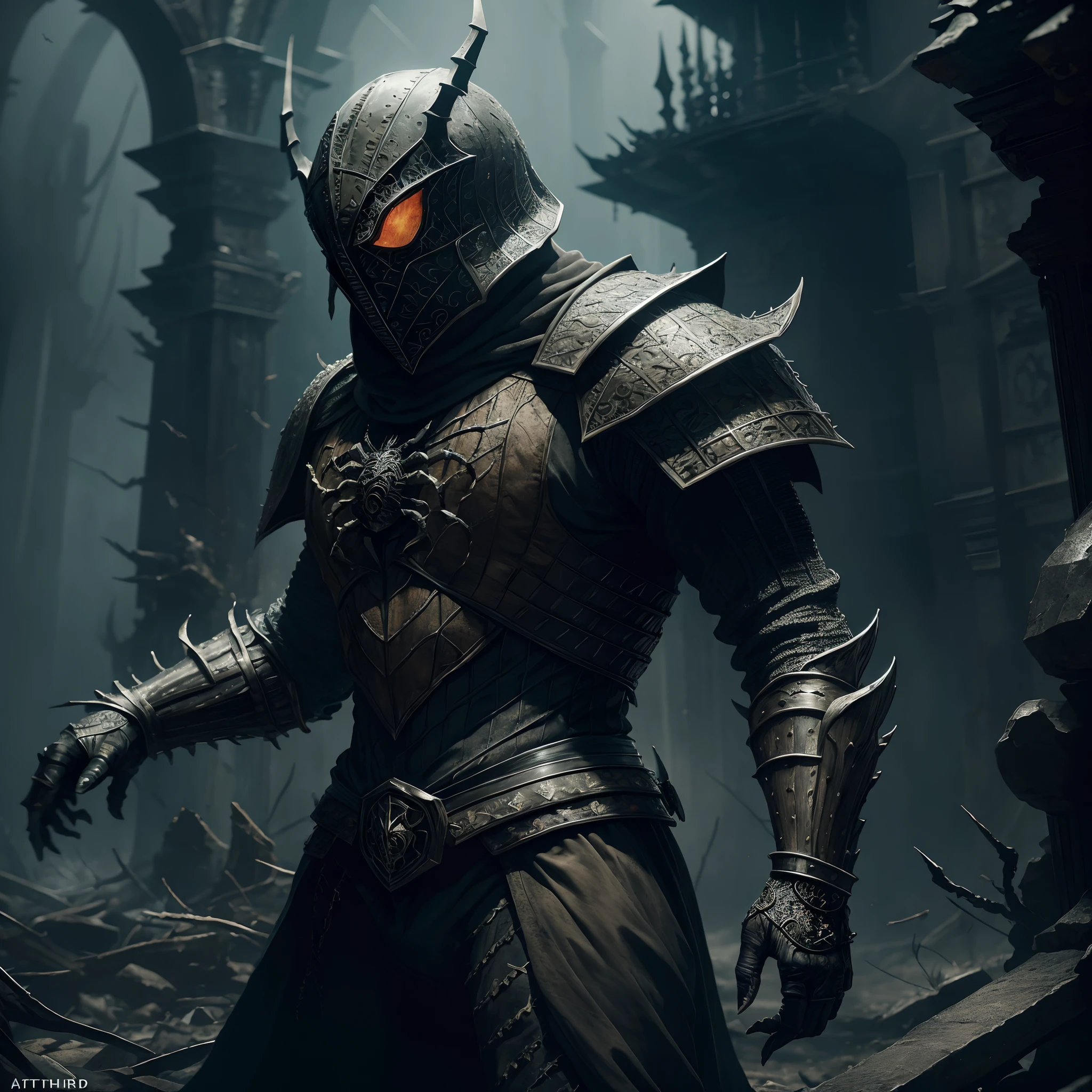 Create a Scary scarecrow, evil looking scarecrow, black web robe, web, spiders on armor, with a black blade in his hand, fantasy, dramatic photo, dynamic photo, full body view, model poses, blurred background, highly detailed, ultra-realistic, 8k, (realistic:1.3), poster, intricate details, painting \(artwork\), ((masterpiece,best quality)), ((cinematic light)), hyperealistic, fearsome, dark fantasy \(style\), detailed armor, detailed spider helmet, spider head, eight hands, eight eyes, terrible, scary, ugly, mutations, mouth on the stomach, (dark shot:1.17), epic realistic, faded, ((neutral colors)), art, (hdr:1.5), (muted colors:1.2), hyperdetailed, (artstation:1.5), cinematic, warm lights, dramatic light, (intricate details:1.1), complex background, (rutkowski:0.8), (teal and orange:0.4)