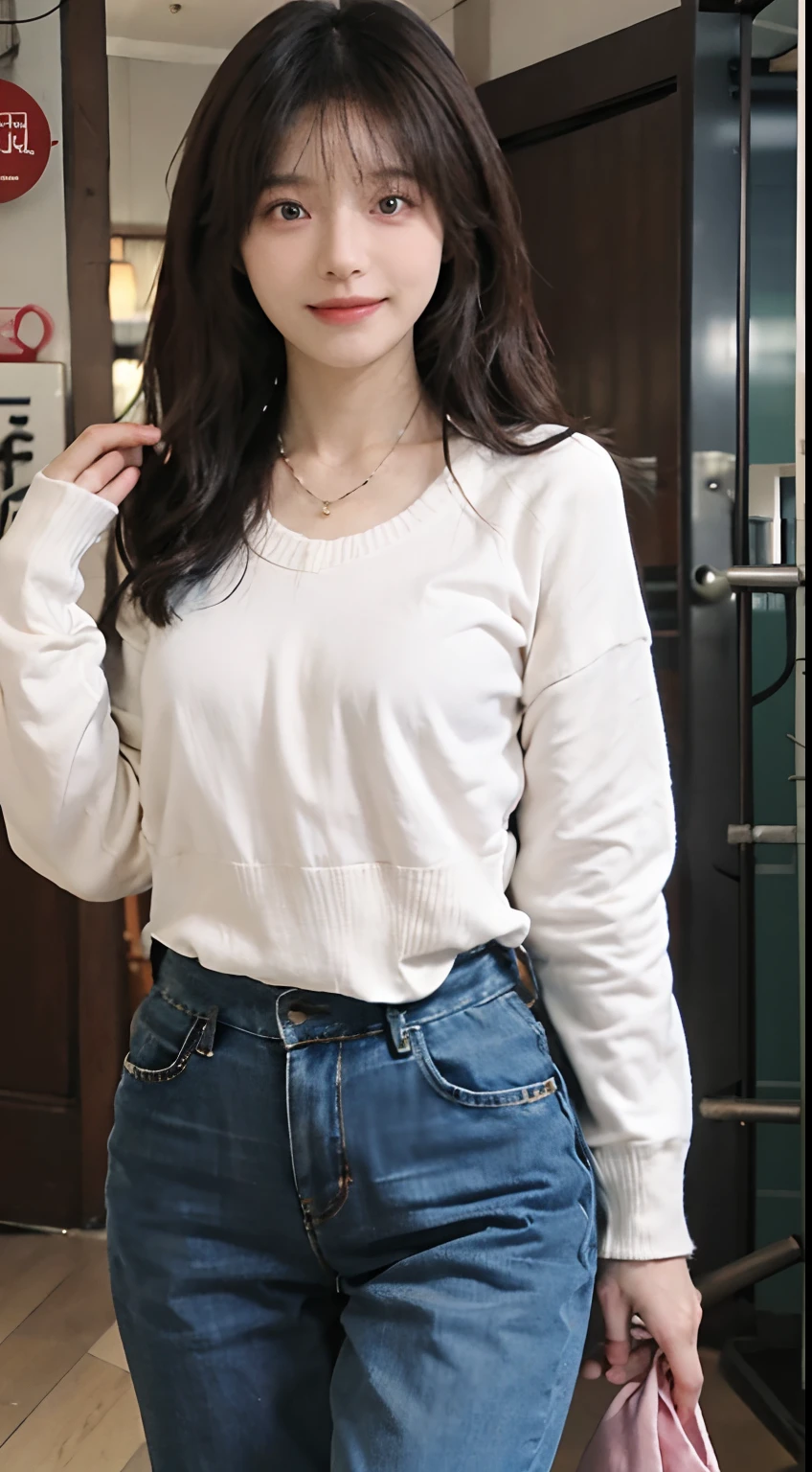 best qualtiy, 超高分辨率, (realisticlying:1.4),cute hairpin,Baoyu Girl,1girll, Beautiful woman with a slim figure:1.4, Abs:1.1, (A brown-haired, mideum breasts:1.3), Long pink sweater:1.1, 浴室,Ultra-fine face,Elaborate Eyes,二重まぶた,ssmile,Necklace jeans gym top