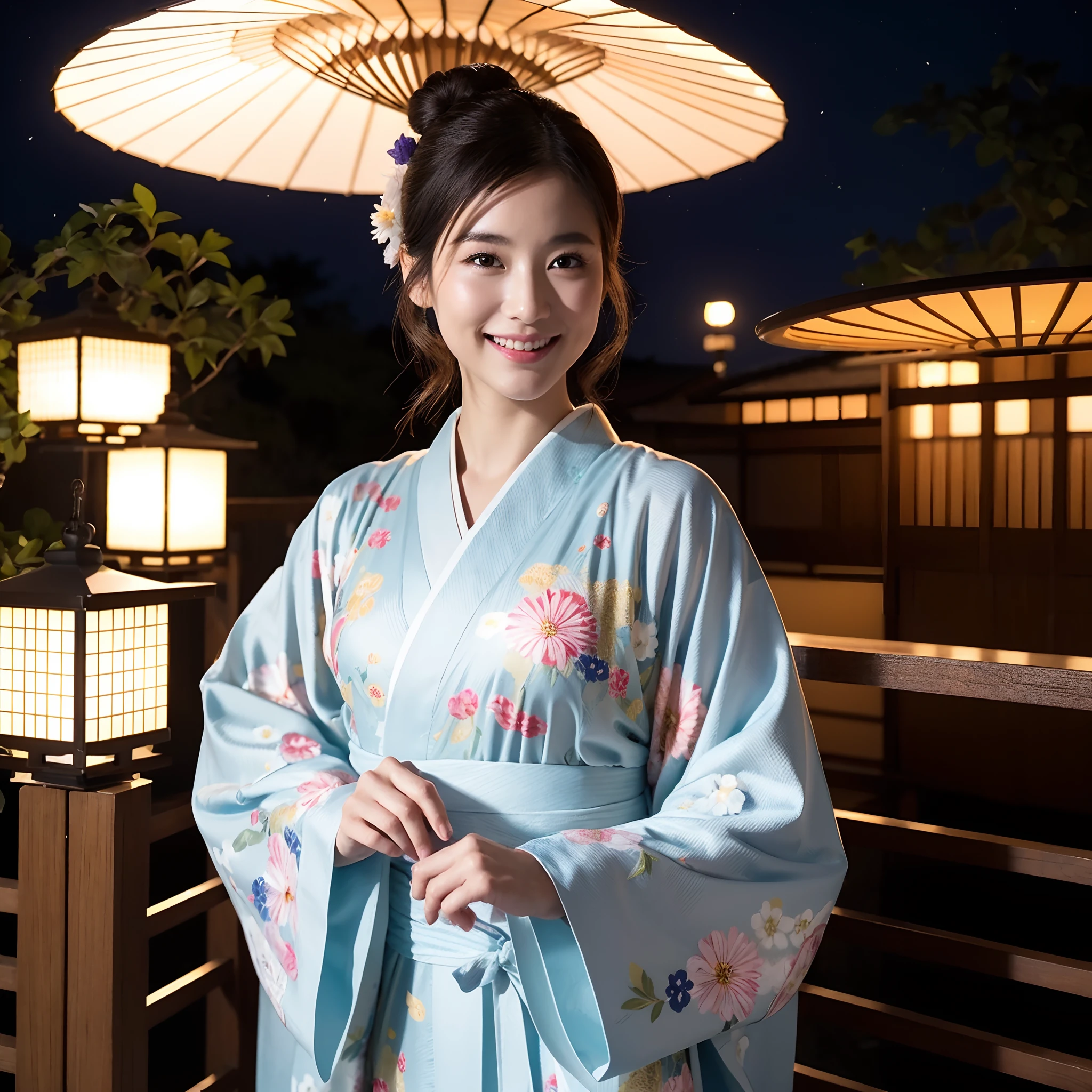 (a masterpiece of、top-quality:1.2)、ultra-detailliert、lighting like a movie、（（（Beautiful woman looking up at fireworks）））、A smile、woman wearing the kimono, bath robe, classy yukata clothing, Wearing a colorful yukata, in a kimono, Wearing a kimono, japanese kimono, in a kimono, Komono, wearing a haori, Yukata with morning glory pattern, A Japanese style, Wearing kimono,