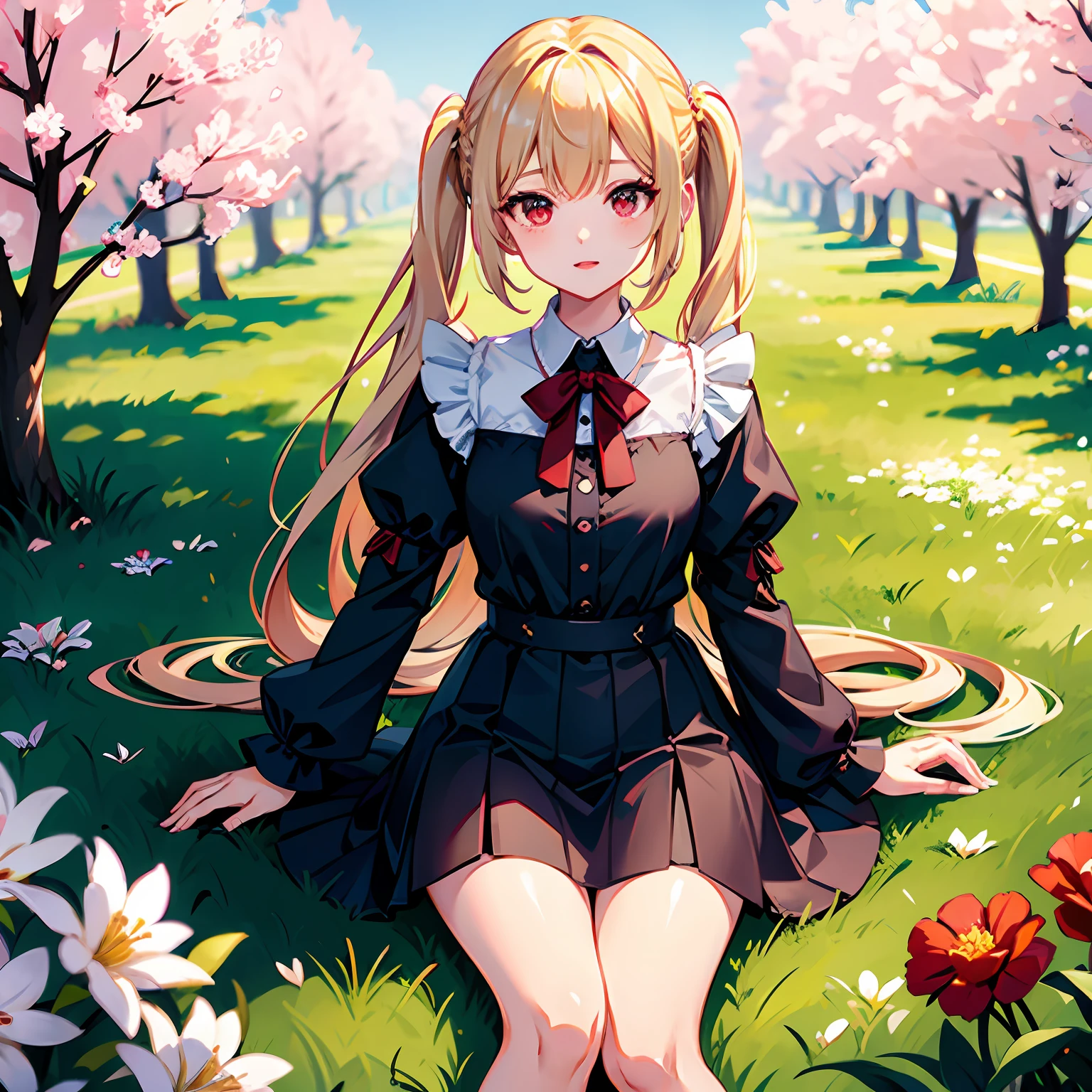 a blond、poneyTail、red eyes、Beautiful girl alone、独奏、Maids、a miniskirt、flower field
