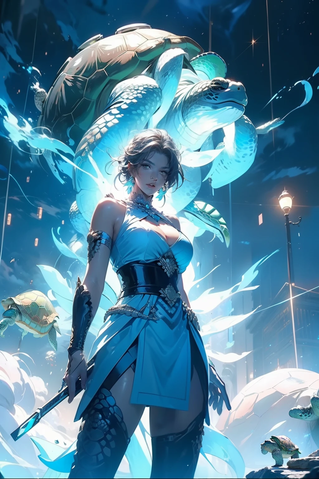 (((turtle))),turtle,((Behind it is a giant tortoise)),A woman of outstanding figure,Wear a nice miniskirt,Leaking out of both shoulders,jewely,Amazing work,Vitreous luster,clean backdrop,High gloss,blue colors,In pink,cyan colors,red colour