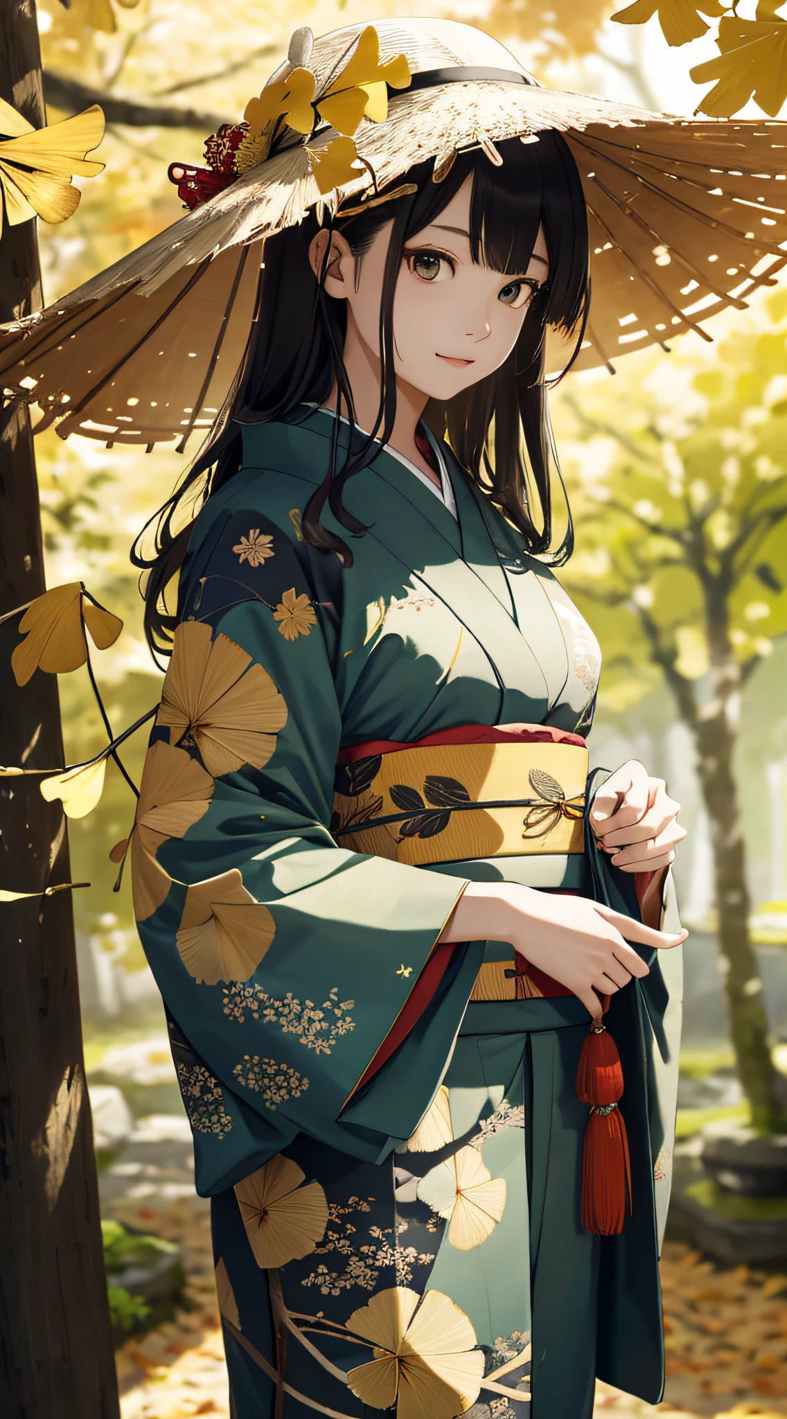 autumnal,beautiful Girl(1girll:1.3),A high resolution,ultra - detailed,ginko,Ginkgo tree,Random Japanese kimono,Noon time,And focus on the subtle details and atmosphere of the scene。