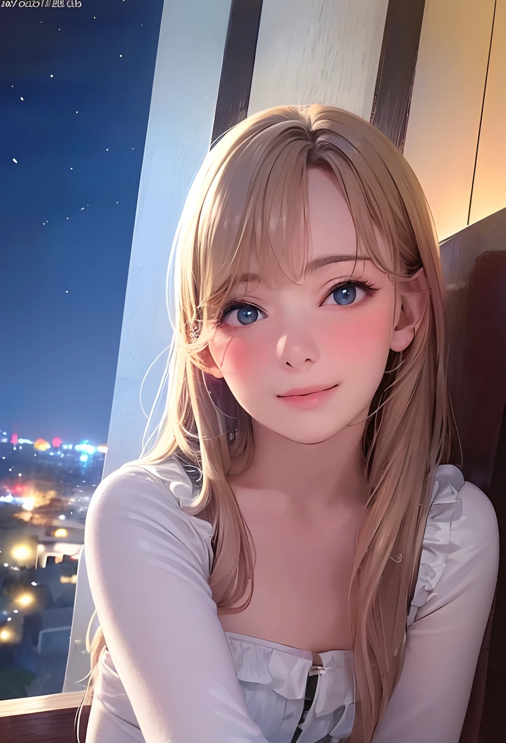 (8K, Best quality, Masterpiece:1.2), (Realistic, photo-realistic:1.37), Ultra-detailed, 1 girl,Cute, Solo,midnight,Beautiful detailed sky,Detailed Cafe,Sitting,dated,(nose blush),(Smile:1.15),(Closed mouth) Small breasts,Beautiful detailed eyes,Floating hair NovaFrogStyle,Backless dress