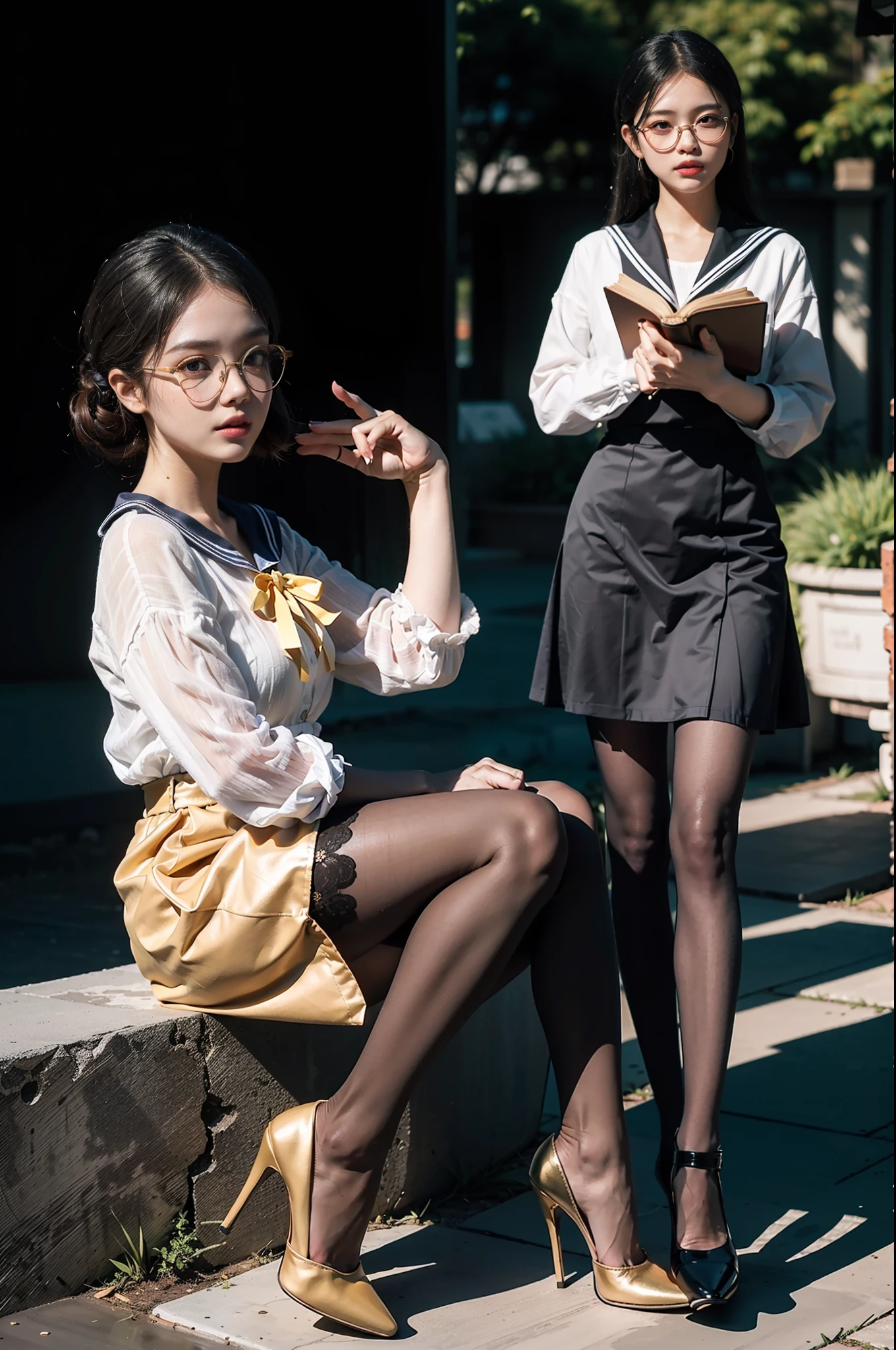 (full body:1.5)，(1girl:1.3),(view the viewer:1.4)，(anatomy correct:1.3),(Sitting in the hot spring:1.2),(He wears large glasses and holds a book in his hand:1.15),(shy:1.15)，(chartreuse Sailor dress with ribbons:1.2),(Tan Pantyhose:1.3),( Uniform high heels leather shoes with bows for female students:1.1)，(Accurate and perfect face:1.3),hyper HD, Ray traching, reflective light， structurally correct, Award-Awarded, high detail, lighten shade contrast, Face lighting ，cinematic lighting, masterpiece, super detailing, high quality, high detail, best quality, 16k，High contrast,