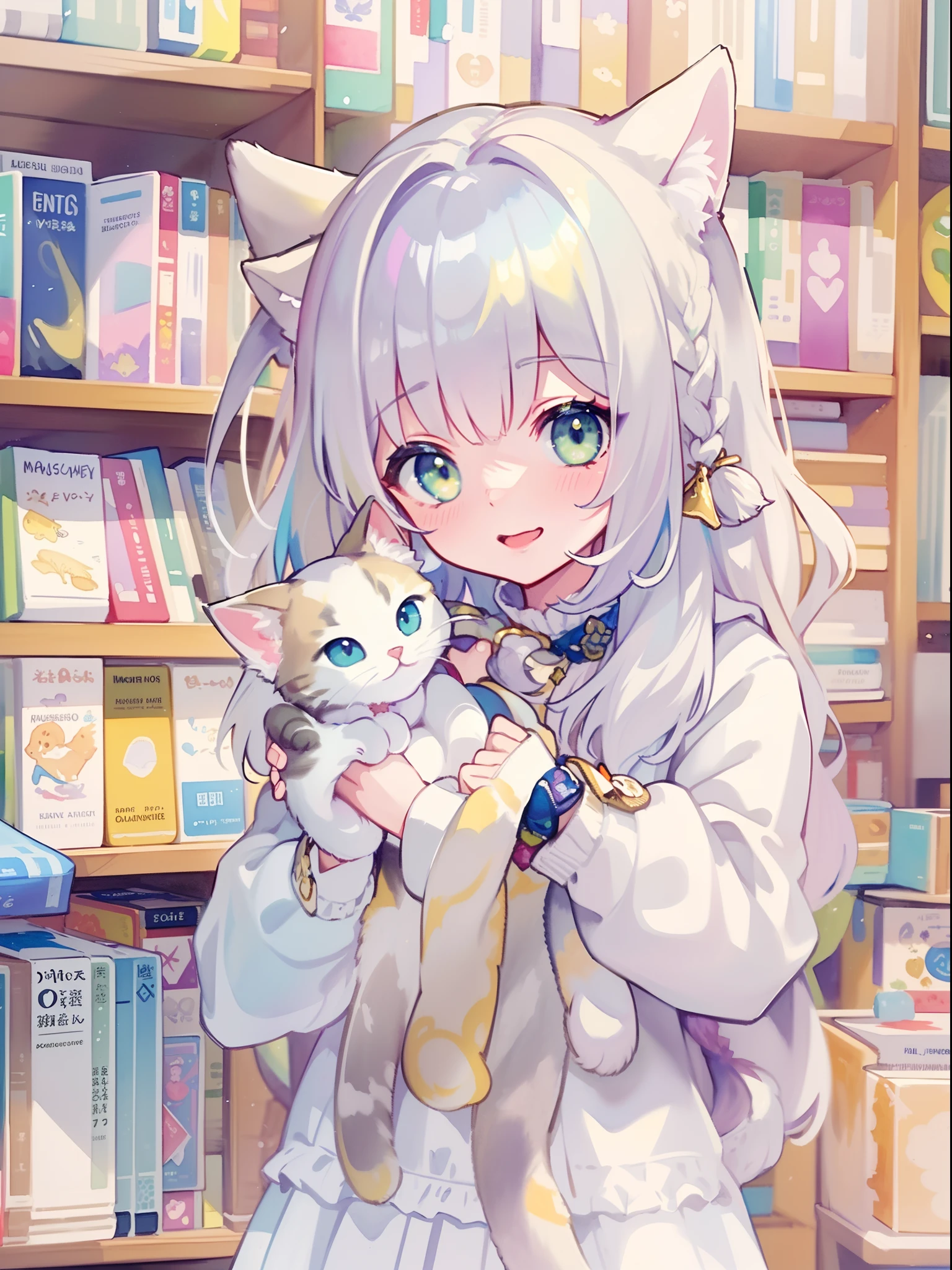 ((Best quality1.2))、((Masterpiece 1.2))、watercolor paiting、((Fashionable clothes))、((Take a cute cat 1.5))、white colors((rainbow-colored hair))、bookstore