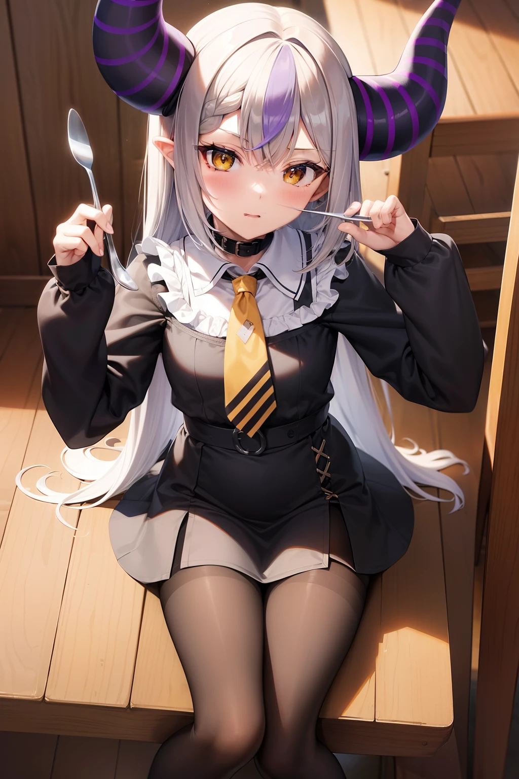 masutepiece, top-quality, High resolution,2D,animesque,sleeves past wrists, sleeves past fingers, braid, Long sleeves, single leg pantyhose, yellow ascot, ascot, Black footwear, Dress, Metal collar, long boots, Black Dress, Collar, pantyhose, single thighhigh,Sitting on a chair, Girl with fork and spoon, Hands up, ((diagonal composition:1.4))